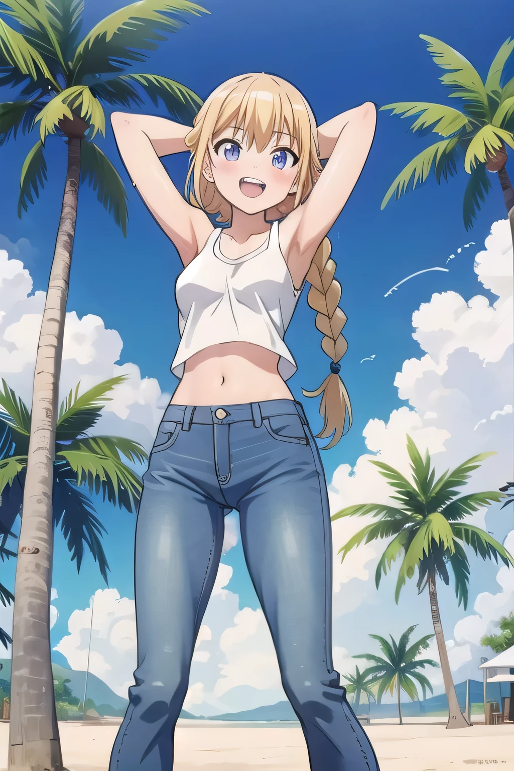 masterpiece,best quality,ultra detail, ((Perfect Face, Perfect Arms, Perfect hands, Perfect Fingers)), 1girl, , peti ((round face, ecstasy, orgasm face, drooping eyes, shame smiling, blush)), dropping eyes, sleepy, Open mouth, ((White teeth)), background((under the beach, (day:1.2), palm tree, bright sky)), eiko tsukimi, blonde hair, blue eyes, braid, twin braids, (long hair:1.4), (medium breast:1.2), ((arms behind head, hands behind head, fingers behind head)), ((contrapposto)), spread armpits, looking at viewer,, (white tank top:1.2), (white crop top:1.2), (jeans pants:1.2, flares jeans:1.2, skinny jeans:1.2, blue jeans:1.2), standing, (legs spread:1.4), sex pose, Sweaty crotch, Steam from the crotch, from below, whole body