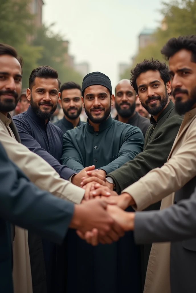 A powerful image of diverse people with different religions like muslim, christian and more holding hands