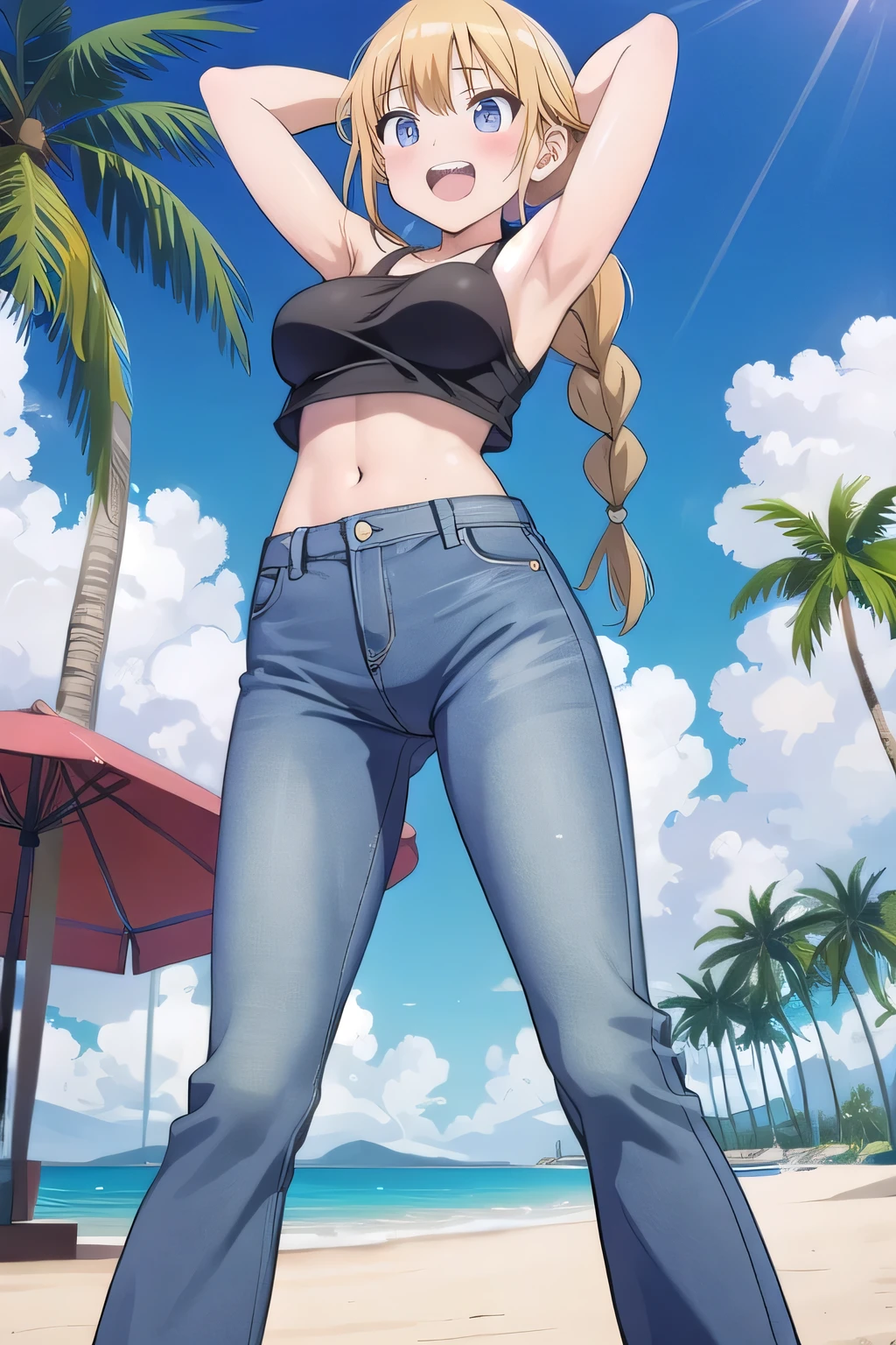 masterpiece,best quality,ultra detail, ((Perfect Face, Perfect Arms, Perfect hands, Perfect Fingers)), 1girl, , peti ((round face, ecstasy, orgasm face, drooping eyes, shame smiling, blush)), dropping eyes, sleepy, Open mouth, ((White teeth)), background((under the beach, (day:1.2), palm tree, bright sky)), eiko tsukimi, blonde hair, blue eyes, braid, (twin braids:1.4), long hair, (medium breast:1.2), ((arms behind head, hands behind head, fingers behind head)), ((contrapposto)), spread armpits, looking at viewer,, (white tank top:1.2), (white crop top:1.2), (jeans pants:1.2, flares jeans:1.2, skinny jeans:1.2, blue jeans:1.2), standing, (legs spread:1.4), sex pose, Sweaty crotch, Steam from the crotch, from below, whole body