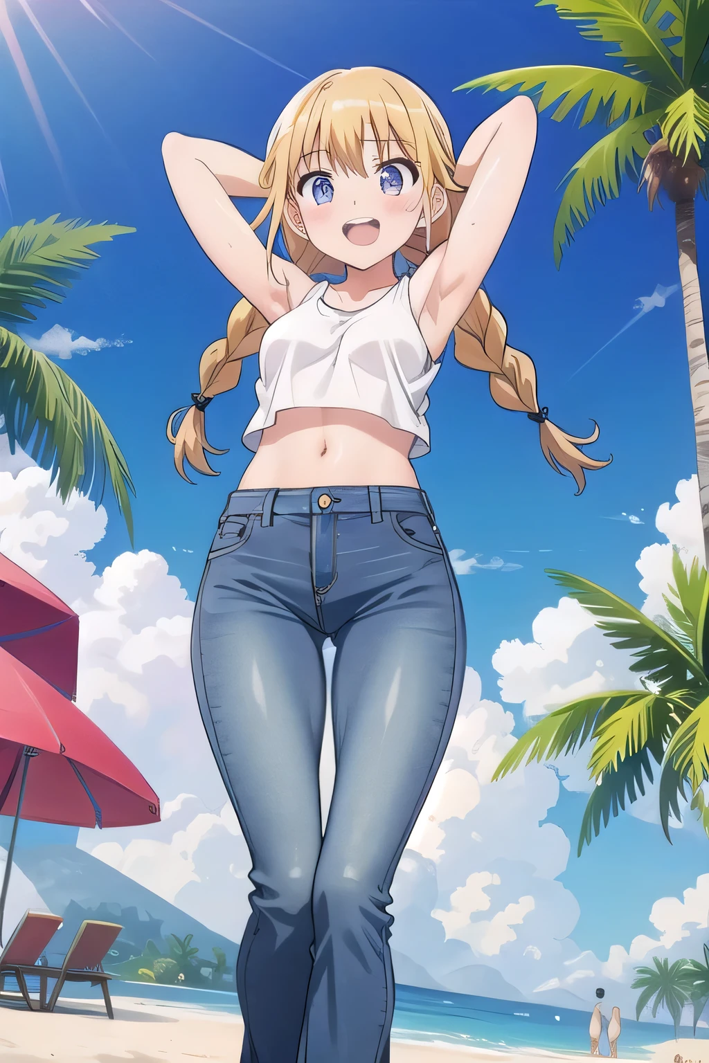 masterpiece,best quality,ultra detail, ((Perfect Face, Perfect Arms, Perfect hands, Perfect Fingers)), 1girl, , peti ((round face, ecstasy, orgasm face, drooping eyes, shame smiling, blush)), dropping eyes, sleepy, Open mouth, ((White teeth)), background((under the beach, (day:1.2), palm tree, bright sky)), eiko tsukimi, blonde hair, blue eyes, braid, (twin braids:1.4), long hair, (medium breast:1.2), ((arms behind head, hands behind head, fingers behind head)), ((contrapposto)), spread armpits, looking at viewer,, (white tank top:1.2), (white crop top:1.2), (jeans pants:1.2, flares jeans:1.2, skinny jeans:1.2, blue jeans:1.2), standing, (legs spread:1.4), sex pose, Sweaty crotch, Steam from the crotch, from below, whole body