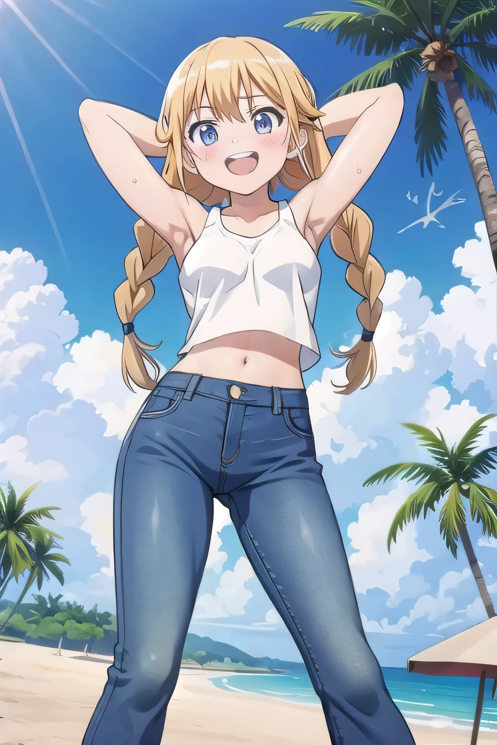 masterpiece,best quality,ultra detail, ((Perfect Face, Perfect Arms, Perfect hands, Perfect Fingers)), 1girl, , peti ((round face, ecstasy, orgasm face, drooping eyes, shame smiling, blush)), dropping eyes, sleepy, Open mouth, ((White teeth)), background((under the beach, (day:1.2), palm tree, bright sky)), eiko tsukimi, blonde hair, blue eyes, braid, (twin braids:1.4), long hair, (medium breast:1.2), ((arms behind head, hands behind head, fingers behind head)), ((contrapposto)), spread armpits, looking at viewer,, (white tank top:1.2), (white crop top:1.2), (jeans pants:1.2, flares jeans:1.2, skinny jeans:1.2, blue jeans:1.2), standing, (legs spread:1.4), sex pose, Sweaty crotch, Steam from the crotch, from below, whole body