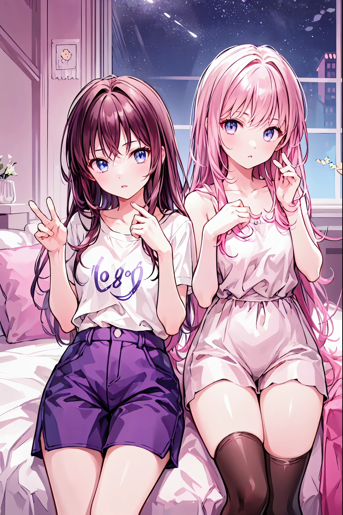 material、 thick paint 、 Girls Sleeping With A Hangover、Pale face、Pain々Funny face、A tired face, 手は2Books､The legs２Books､Fingers５Books，Black T-shirt、 shorts、１people々  girl、 on the bed， Hair， shortcuts， unkempt hair with an opening，Short braided hair，Neat，スレンダー美people， correct posture，Small chest， beautiful legs， enchanting gray-blue eyes shine like stars， droopy eyes ， bright colors, beautiful eyes,A delicate smile,Textured Skin, Best Quality at its Best , gentle and beautiful woman , anime style､