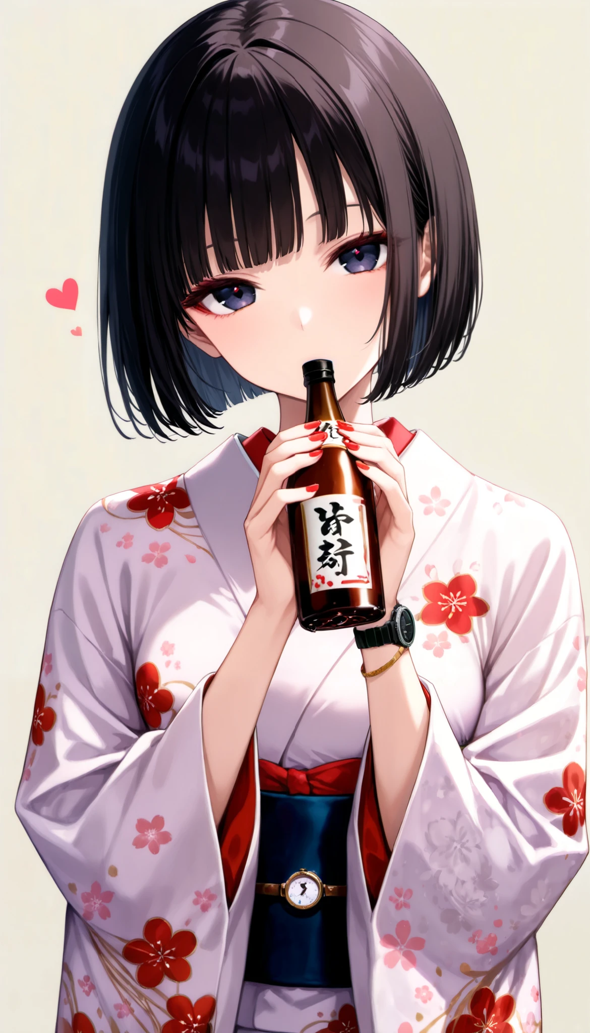 score_9,  score_8_up,  score_7_up, ( 1 girl, Alone), (upper body,  watch viewers), ( black short hair,  bob cut ,   Blunt Bang),  dark eyes, ( kimono,  kimono, Floral, band,  Long Sleeve, heart),  head tilt, Hold a bottle of sake in your hand, ( nail polish, red nails), ( simple background ,  grey background)