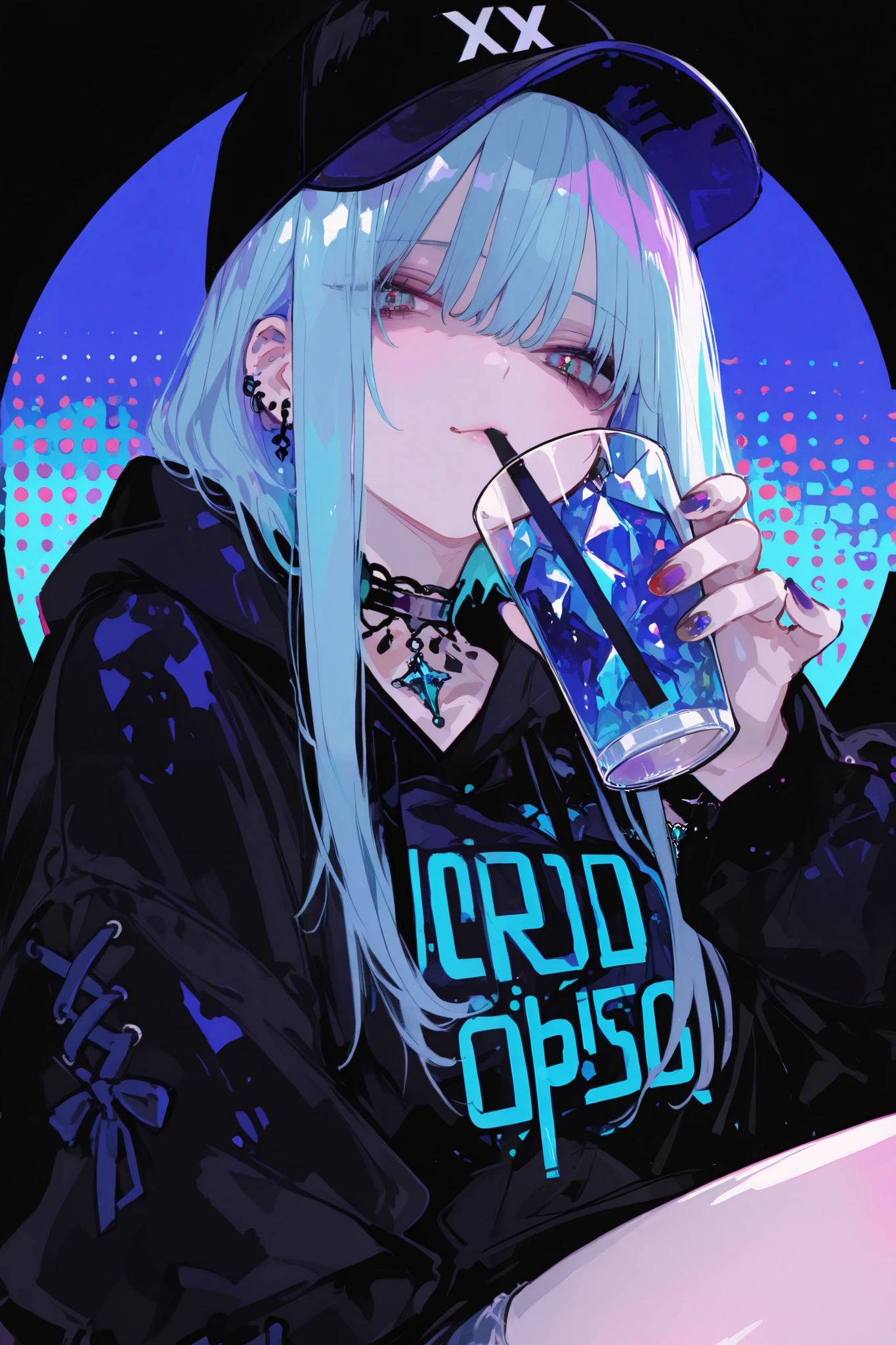 General,SakimiStyle,xxx667_illu,748cmstyle,dark gothic, anime girl, pop art,chibi, colorful polka dot background,
bold graphic text, crystal,vivid blue hair,baseball cap, casual streetwear, oversized jacket, drinking from glass, sitting pose, crystal choker,minimalistic background, gothic vibe, multiple earrings, relaxed expression, multi vivid color nails, subtle lighting, modern urban style, edgy fashion,