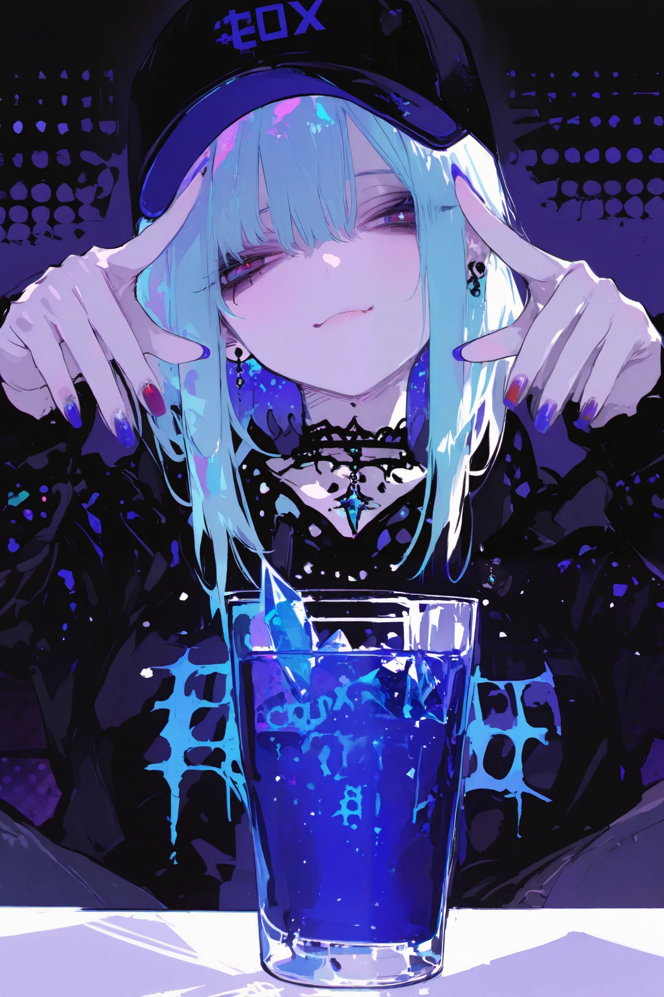 General,SakimiStyle,xxx667_illu,748cmstyle,dark gothic, anime girl, pop art,chibi, colorful polka dot background,
bold graphic text, crystal,vivid blue hair,baseball cap, casual streetwear, oversized jacket, drinking from glass, sitting pose, crystal choker,minimalistic background, gothic vibe, multiple earrings, relaxed expression, multi vivid color nails, subtle lighting, modern urban style, edgy fashion, 