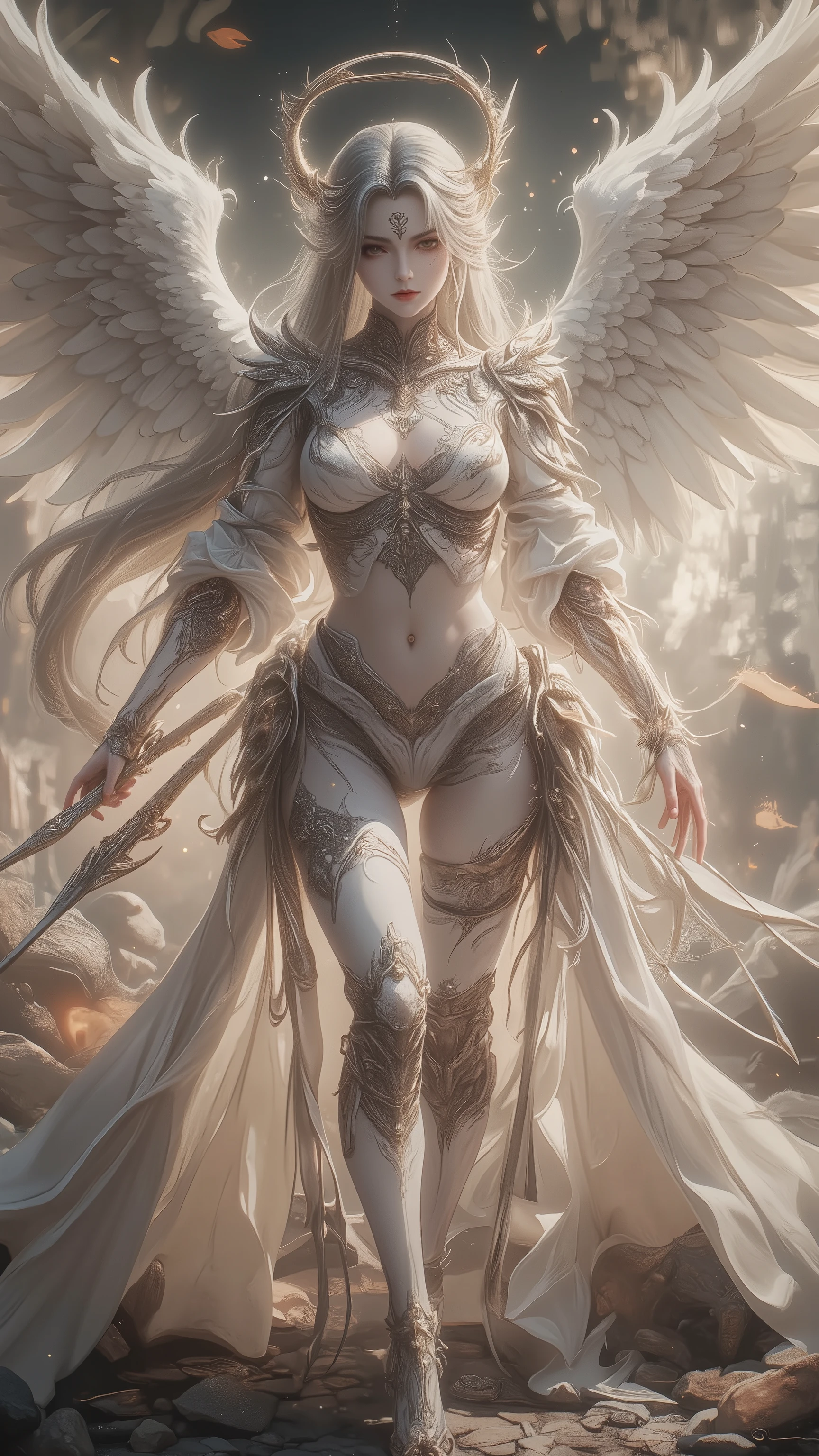 ( best quality)),( Ultra A High Resolution ),( super detailed),(Detailed depiction),((Best Photos)),( Best Works of Art ), Ultra Precision Art , amazing depiction art ,  Fantasy Art :1.5, ( Female Angel Wielding a Spear :1.7), beautiful and well-maintained face:1.5, Angry Face :1.5,( Tight body:1.6), Devil Who Can Be Purified :1.5