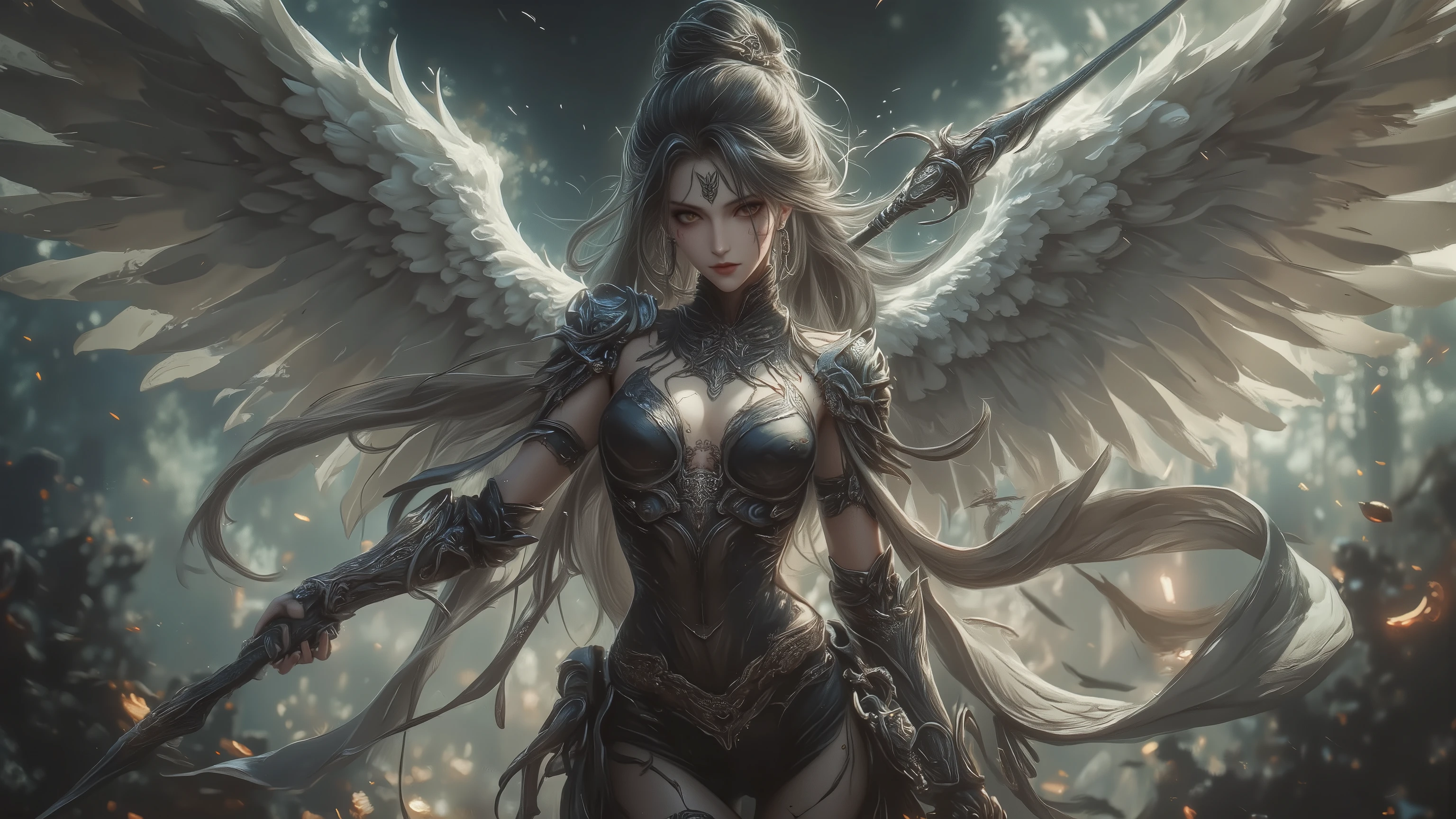 Numerous award-winning masterpieces, (((woman))), with incredible details, textures and maximum detail), (full-length standing image:1.8), (upper body up:0.2), (hyper realistic :1.4), (Realistic:1.3), (Best quality real texture skin), (Hell Demon Warrior: 1.6), (Holds a sinister straight sword hilt that emits a glow of elaborately decorated hellfire: 1.9), ( finely detailed true circle Symmetrical eyes), (Finely drawn beautiful face), ((medieval world)), (Full body armor with delicate decoration that gives off a sinister glow: 1.8), (bare breasts) (((topless))) , (standing full-length image: 1.8), (Beautiful but evil eyes), (Opens his mouth wide and laughs happily), (Smiling cruelly), (Eyes of a sinister color full of malice), (The halo of fetid light of fallen angel from evil god's glow floating above: 1.8), (Majestic storm clouds and sky with bright lightning: 1.4), (halo optical phenomenon: 1.3), dramatic light, Majestic view, (Large wings with feathers of jet black color behind the shoulders:1.7), (((Folded wings))), (((topless))), bare breasts, Crystal earrings in the ears., (((Dramatic photo))), (picture standing full length:1.8),(Sacred Pose),(golden hair),(silver hair),(brown hair),short hair,((looks up)),((looks down)),(Around his neck is a simple necklace of exquisite workmanship), Ancient ruins infested with plants, great temple, great cathedral, Temple ruins, Separate temple, (Luminous magic circle), Ruins of an ancient castle, Deserted ruins, ruined ruins, Ruins ancient with clear water, highly detailed, ultra-realistic, intricate details, painting (artwork), ((masterpiece, best quality)), ((cinematic light)), hyper realistic, fearsome, dark fantasy, holy light, epic realistic , faded, ((neutral colors)), art, (HDR:1.5), (Muted colors:1.2), hyper detailed, (art station:1.5), cinematic, warm lights, light effect, dramatic light, (intricate details :1.1), complex background, (Greg Rutkowski:0.8), (teal and orange:0.4