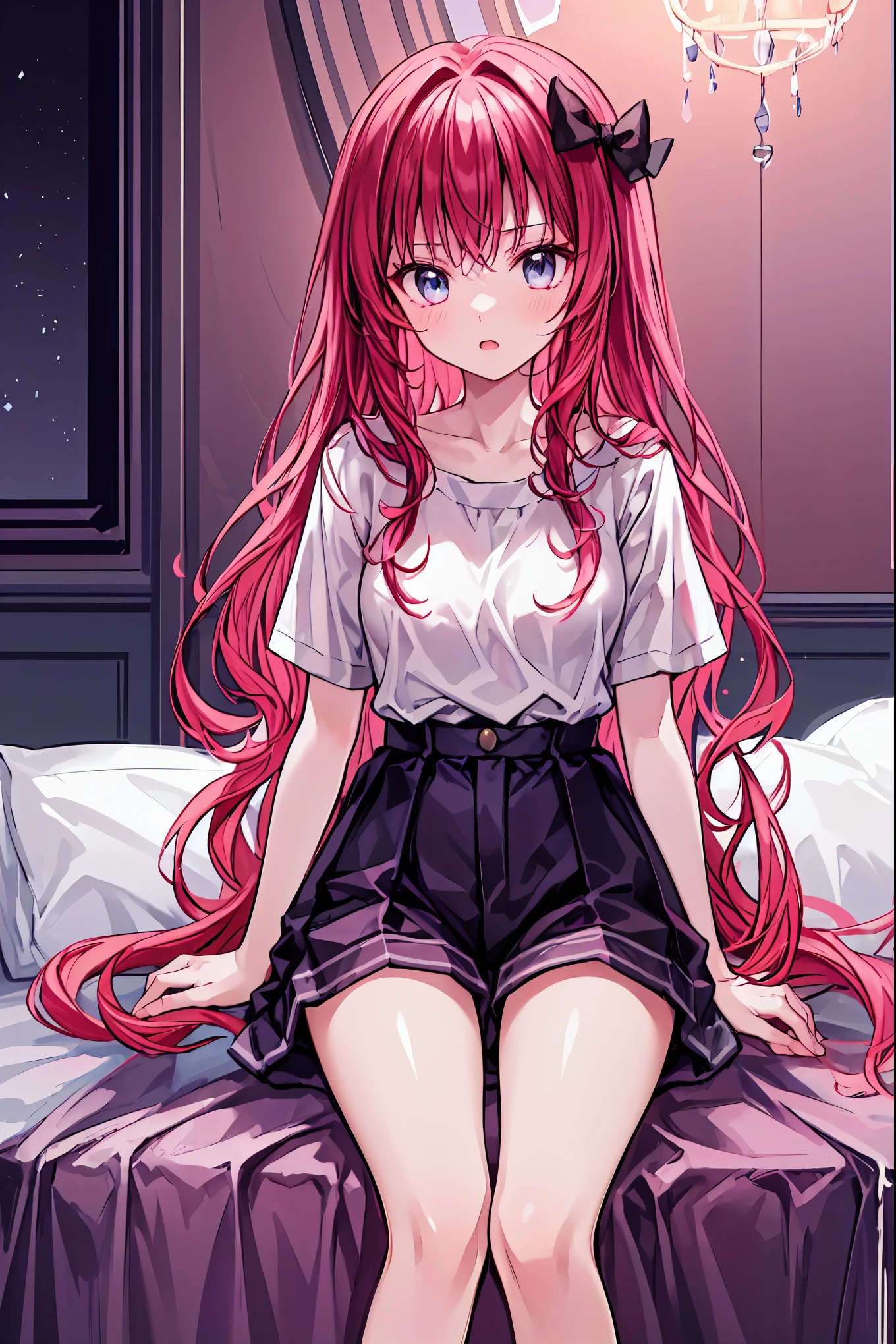material、 thick paint 、 Girls Sleeping With A Hangover、Pale face、Pain々Funny face、A tired face, 手は2Books、The legs2Books、Fingers5Books,Black T-shirt、 shorts、1people々 girl、 on the bed, Hair, shortcuts, unkempt hair with an opening,Short braided hair,Neat,スレンダー美people, correct posture,Small chest, beautiful legs, enchanting gray-blue eyes shine like stars, droopy eyes , bright colors, beautiful eyes,A delicate smile,Textured Skin, Best Quality at its Best , gentle and beautiful woman , anime style、
