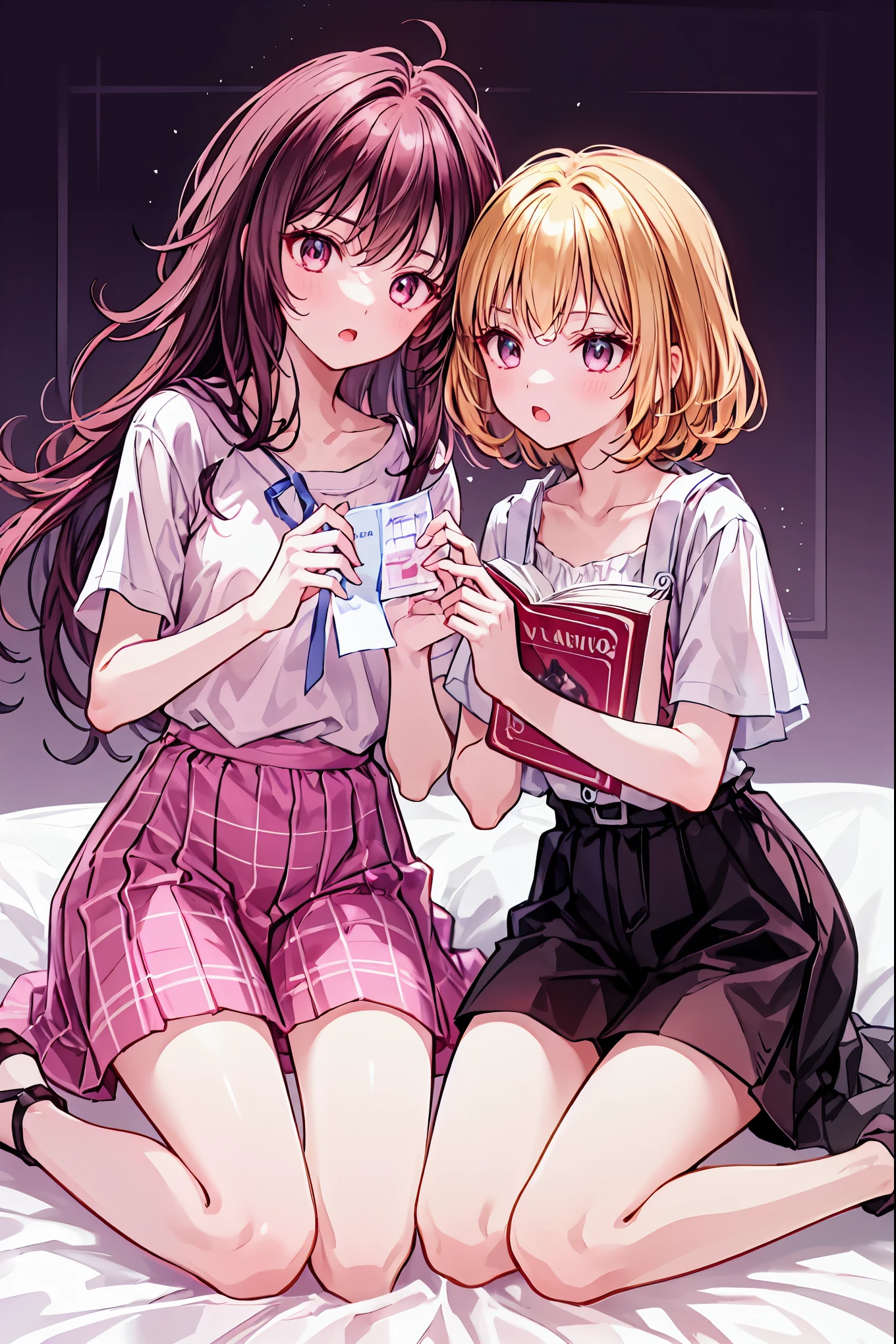 material、 thick paint 、 Girls Sleeping With A Hangover、Pale face、Pain々Funny face、A tired face, 手は2Books、The legs2Books、Fingers5Books,Black T-shirt、 shorts、1people々 girl、 on the bed, Hair, shortcuts, unkempt hair with an opening,Short braided hair,Neat,スレンダー美people, correct posture,Small chest, beautiful legs, enchanting gray-blue eyes shine like stars, droopy eyes , bright colors, beautiful eyes,A delicate smile,Textured Skin, Best Quality at its Best , gentle and beautiful woman , anime style、