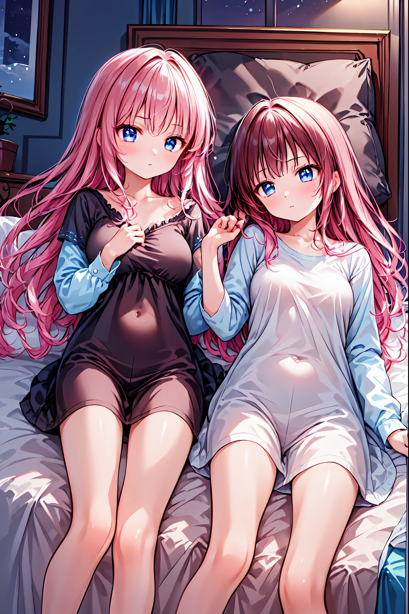 ((Sister and younger sister)),A woman with big ,Long hair,Sexy Cheeky Dress,pink and light blue,Garter stockings,bedroom,(nsfw:0.8),