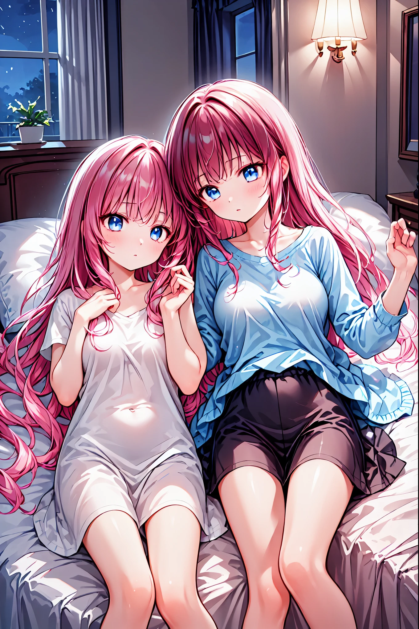 material、 thick paint 、 Girls Sleeping With A Hangover、Pale face、Pain々Funny face、A tired face, 手は2Books､The legs２Books､Fingers５Books，Black T-shirt、 shorts、１people々  girl、 on the bed， Hair， shortcuts， unkempt hair with an opening，Short braided hair，Neat，スレンダー美people， correct posture，Small chest， beautiful legs， enchanting gray-blue eyes shine like stars， droopy eyes ， bright colors, beautiful eyes,A delicate smile,Textured Skin, Best Quality at its Best , gentle and beautiful woman , anime style､