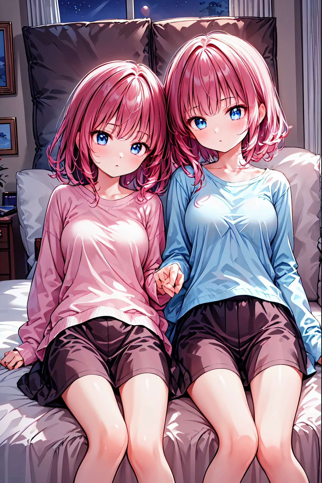 material、 thick paint 、 Girls Sleeping With A Hangover、Pale face、Pain々Funny face、A tired face, 手は2Books、The legs2Books、Fingers5Books,Black T-shirt、 shorts、1people々 girl、 on the bed, Hair, shortcuts, unkempt hair with an opening,Short braided hair,Neat,スレンダー美people, correct posture,Small chest, beautiful legs, enchanting gray-blue eyes shine like stars, droopy eyes , bright colors, beautiful eyes,A delicate smile,Textured Skin, Best Quality at its Best , gentle and beautiful woman , anime style、