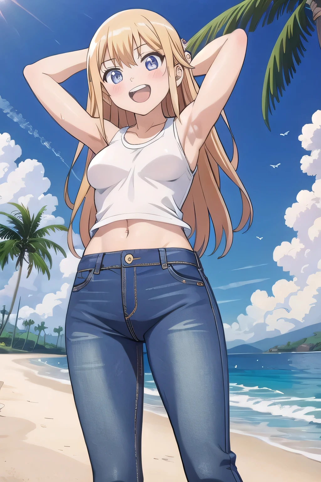 masterpiece,best quality,ultra detail, ((Perfect Face, Perfect Arms, Perfect hands, Perfect Fingers)), 1girl, , peti ((round face, ecstasy, orgasm face, drooping eyes, shame smiling, blush)), dropping eyes, sleepy, Open mouth, ((White teeth)), background((under the beach, (day:1.2), palm tree, bright sky)), eiko tsukimi, blonde hair, blue eyes, (long hair:1.4), (medium breast:1.2), ((arms behind head, hands behind head, fingers behind head)), ((contrapposto)), spread armpits, looking at viewer,, (white tank top:1.2), (white crop top:1.2), (jeans pants:1.2, flares jeans:1.2, skinny jeans:1.2, blue jeans:1.2), standing, (legs spread:1.4), sex pose, Sweaty crotch, Steam from the crotch, from below, whole body