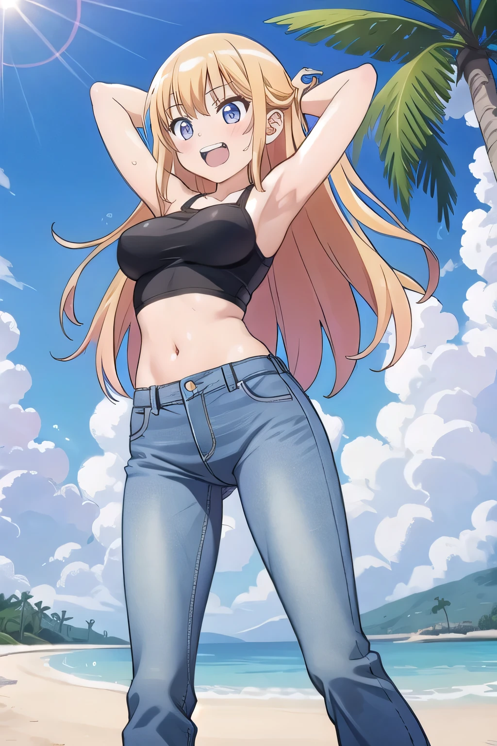 masterpiece,best quality,ultra detail, ((Perfect Face, Perfect Arms, Perfect hands, Perfect Fingers)), 1girl, , peti ((round face, ecstasy, orgasm face, drooping eyes, shame smiling, blush)), dropping eyes, sleepy, Open mouth, ((White teeth)), background((under the beach, (day:1.2), palm tree, bright sky)), eiko tsukimi, blonde hair, blue eyes, (long hair:1.4), (medium breast:1.2), ((arms behind head, hands behind head, fingers behind head)), ((contrapposto)), spread armpits, looking at viewer,, (white tank top:1.2), (white crop top:1.2), (jeans pants:1.2, flares jeans:1.2, skinny jeans:1.2, blue jeans:1.2), standing, (legs spread:1.4), sex pose, Sweaty crotch, Steam from the crotch, from below, whole body