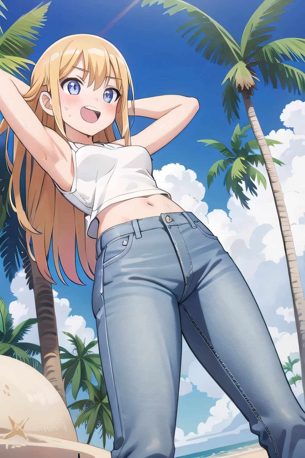 masterpiece,best quality,ultra detail, ((Perfect Face, Perfect Arms, Perfect hands, Perfect Fingers)), 1girl, , peti ((round face, ecstasy, orgasm face, drooping eyes, shame smiling, blush)), dropping eyes, sleepy, Open mouth, ((White teeth)), background((under the beach, (day:1.2), palm tree, bright sky)), eiko tsukimi, blonde hair, blue eyes, (long hair:1.4), (medium breast:1.2), ((arms behind head, hands behind head, fingers behind head)), ((contrapposto)), spread armpits, looking at viewer,, (white tank top:1.2), (white crop top:1.2), (jeans pants:1.2, flares jeans:1.2, skinny jeans:1.2, blue jeans:1.2), standing, (legs spread:1.4), sex pose, Sweaty crotch, Steam from the crotch, from below, whole body