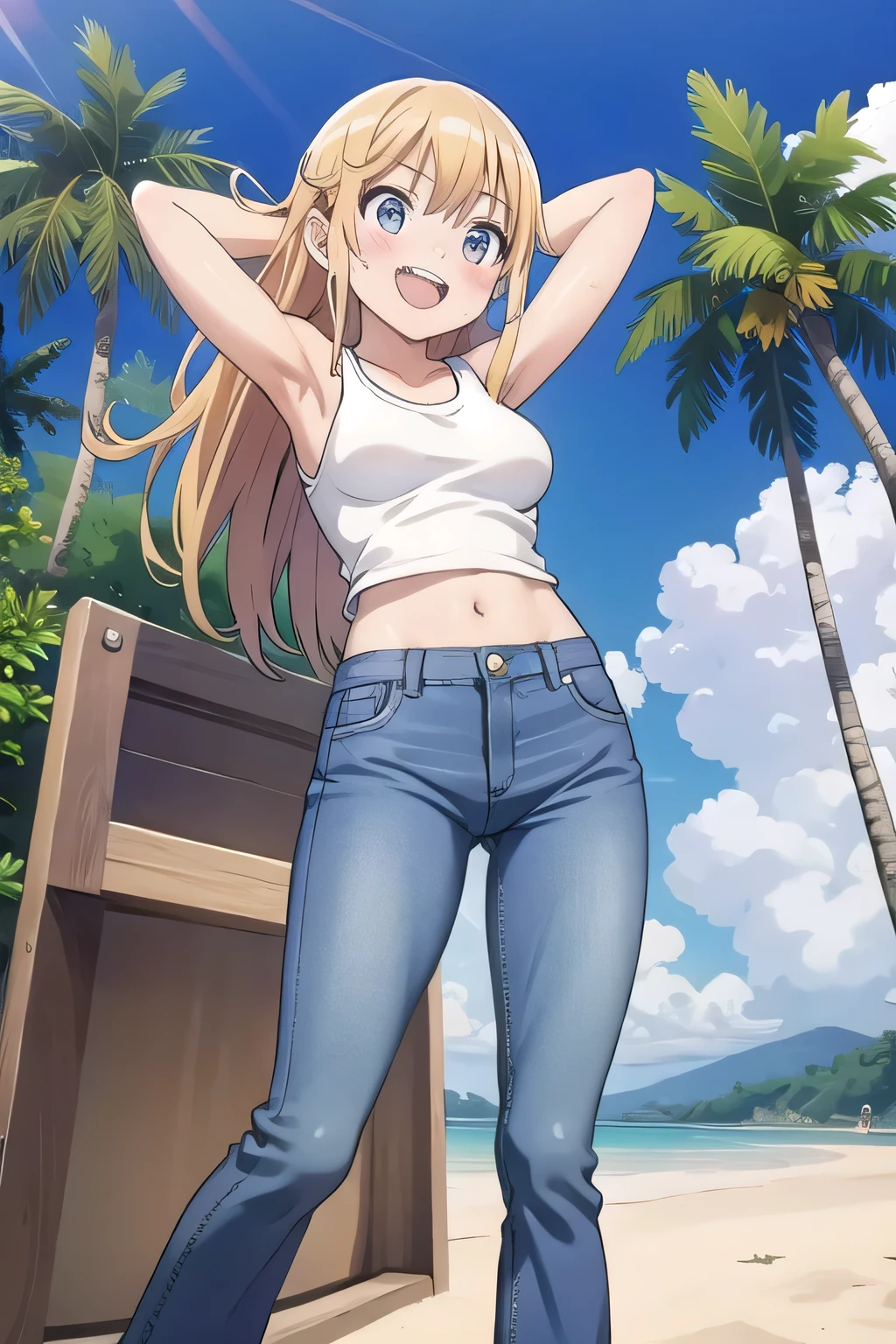 masterpiece,best quality,ultra detail, ((Perfect Face, Perfect Arms, Perfect hands, Perfect Fingers)), 1girl, , peti ((round face, ecstasy, orgasm face, drooping eyes, shame smiling, blush)), dropping eyes, sleepy, Open mouth, ((White teeth)), background((under the beach, (day:1.2), palm tree, bright sky)), eiko tsukimi, blonde hair, blue eyes, (long hair:1.4), (medium breast:1.2), ((arms behind head, hands behind head, fingers behind head)), ((contrapposto)), spread armpits, looking at viewer,, (white tank top:1.2), (white crop top:1.2), (jeans pants:1.2, flares jeans:1.2, skinny jeans:1.2, blue jeans:1.2), standing, (legs spread:1.4), sex pose, Sweaty crotch, Steam from the crotch, from below, whole body