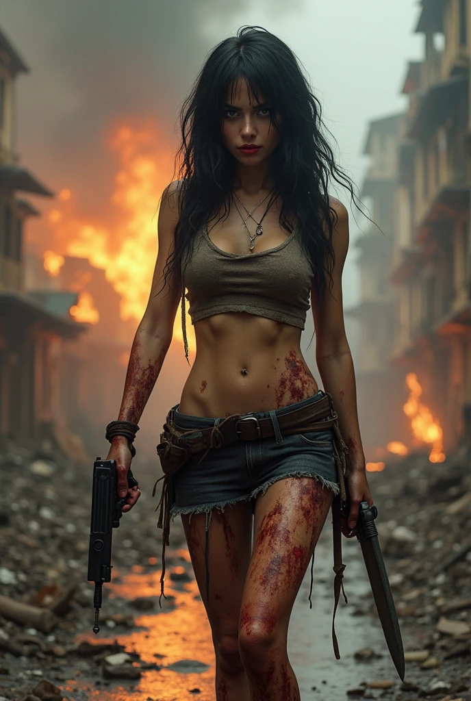 A lean, sexy white teenage girl with long, jet-black hair cascading down her sweat-drenched back, standing tall yet weary in the aftermath of an intense battle. Her youthful beauty is accentuated by the stark contrast of her flawless skin against the grime and dirt that cling to her toned physique. She wears a shredded and tattered military outfit that barely covers her, revealing a black g-string that clings to her hips, emphasizing her undeniable sex appeal. Her eyes, though exhausted, gleam with the fierce determination of a warrior. In the background, the remnants of the battlefield are illuminated by the fading embers of a fiery sunset, creating a dramatic and surreal atmosphere. Her bruised and blood-speckled body tells the story of the fierce combat she's endured, yet she stands proudly, a testament to her unyielding spirit. Her right hand grips a battle-worn sword, its blade still gleaming with the reflection of the dying light, while her left hand rests on her hip, fingers curled around a pistol holster. The image exudes a blend of vulnerability and power, leaving the viewer captivated by the narrative of this unconventional and alluring heroine.