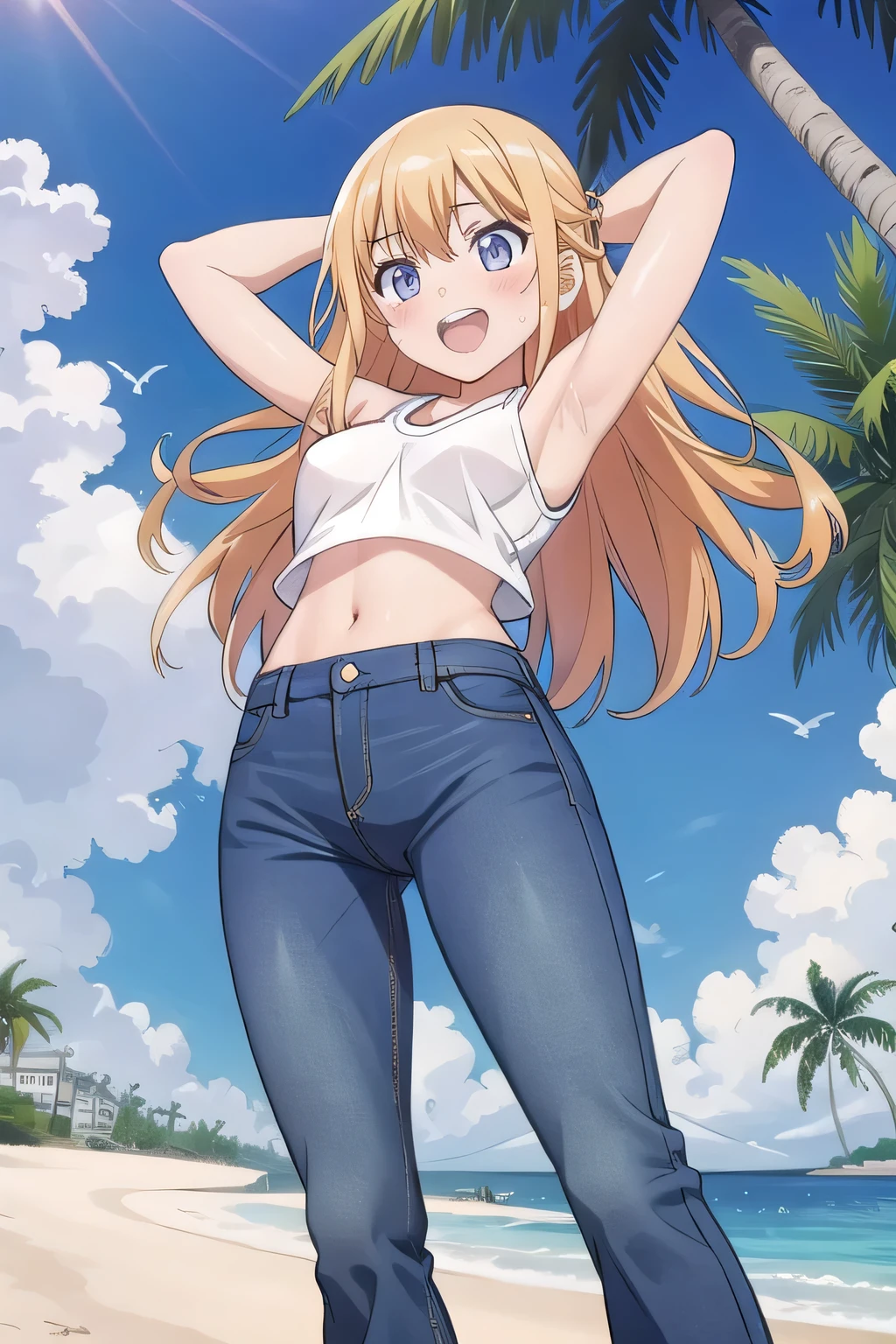 masterpiece,best quality,ultra detail, ((Perfect Face, Perfect Arms, Perfect hands, Perfect Fingers)), 1girl, , peti ((round face, ecstasy, orgasm face, drooping eyes, shame smiling, blush)), dropping eyes, sleepy, Open mouth, ((White teeth)), background((under the beach, (day:1.2), palm tree, bright sky)), eiko tsukimi, blonde hair, blue eyes, (long hair:1.4), (medium breast:1.2), ((arms behind head, hands behind head, fingers behind head)), ((contrapposto)), spread armpits, looking at viewer,, (white tank top:1.2), (white crop top:1.2), (jeans pants:1.2, flares jeans:1.2, skinny jeans:1.2, blue jeans:1.2), standing, (legs spread:1.4), sex pose, Sweaty crotch, Steam from the crotch, from below, whole body