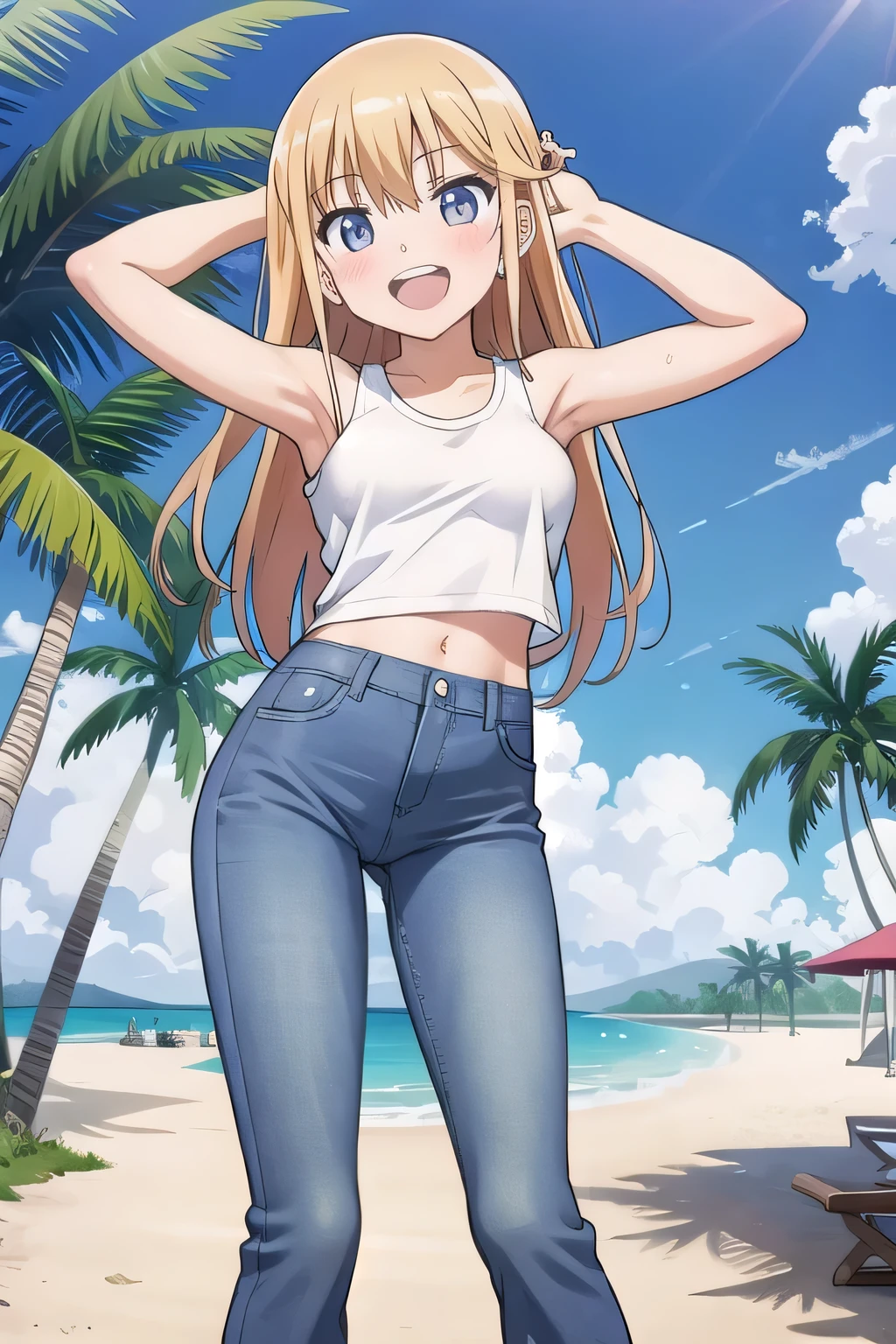 masterpiece,best quality,ultra detail, ((Perfect Face, Perfect Arms, Perfect hands, Perfect Fingers)), 1girl, , peti ((round face, ecstasy, orgasm face, drooping eyes, shame smiling, blush)), dropping eyes, sleepy, Open mouth, ((White teeth)), background((under the beach, (day:1.2), palm tree, bright sky)), eiko tsukimi, blonde hair, blue eyes, (long hair:1.4), (medium breast:1.2), ((arms behind head, hands behind head, fingers behind head)), ((contrapposto)), spread armpits, looking at viewer,, (white tank top:1.2), (white crop top:1.2), (jeans pants:1.2, flares jeans:1.2, skinny jeans:1.2, blue jeans:1.2), standing, (legs spread:1.4), sex pose, Sweaty crotch, Steam from the crotch, from below, whole body