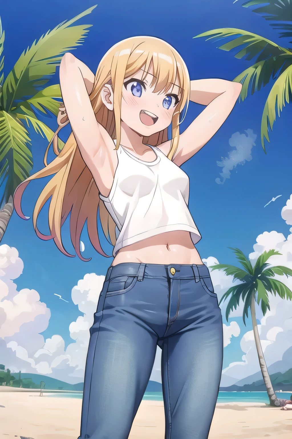 masterpiece,best quality,ultra detail, ((Perfect Face, Perfect Arms, Perfect hands, Perfect Fingers)), 1girl, , peti ((round face, ecstasy, orgasm face, drooping eyes, shame smiling, blush)), dropping eyes, sleepy, Open mouth, ((White teeth)), background((under the beach, (day:1.2), palm tree, bright sky)), eiko tsukimi, blonde hair, blue eyes, (long hair:1.4), (medium breast:1.2), ((arms behind head, hands behind head, fingers behind head)), ((contrapposto)), spread armpits, looking at viewer,, (white tank top:1.2), (white crop top:1.2), (jeans pants:1.2, flares jeans:1.2, skinny jeans:1.2, blue jeans:1.2), standing, (legs spread:1.4), sex pose, Sweaty crotch, Steam from the crotch, from below, whole body