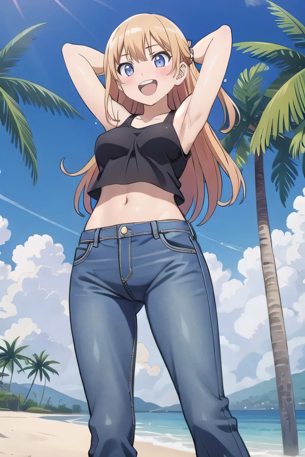 masterpiece,best quality,ultra detail, ((Perfect Face, Perfect Arms, Perfect hands, Perfect Fingers)), 1girl, , peti ((round face, ecstasy, orgasm face, drooping eyes, shame smiling, blush)), dropping eyes, sleepy, Open mouth, ((White teeth)), background((under the beach, (day:1.2), palm tree, bright sky)), eiko tsukimi, blonde hair, blue eyes, (long hair:1.4), (medium breast:1.2), ((arms behind head, hands behind head, fingers behind head)), ((contrapposto)), spread armpits, looking at viewer,, (white tank top:1.2), (white crop top:1.2), (jeans pants:1.2, flares jeans:1.2, skinny jeans:1.2, blue jeans:1.2), standing, (legs spread:1.4), sex pose, Sweaty crotch, Steam from the crotch, from below, whole body