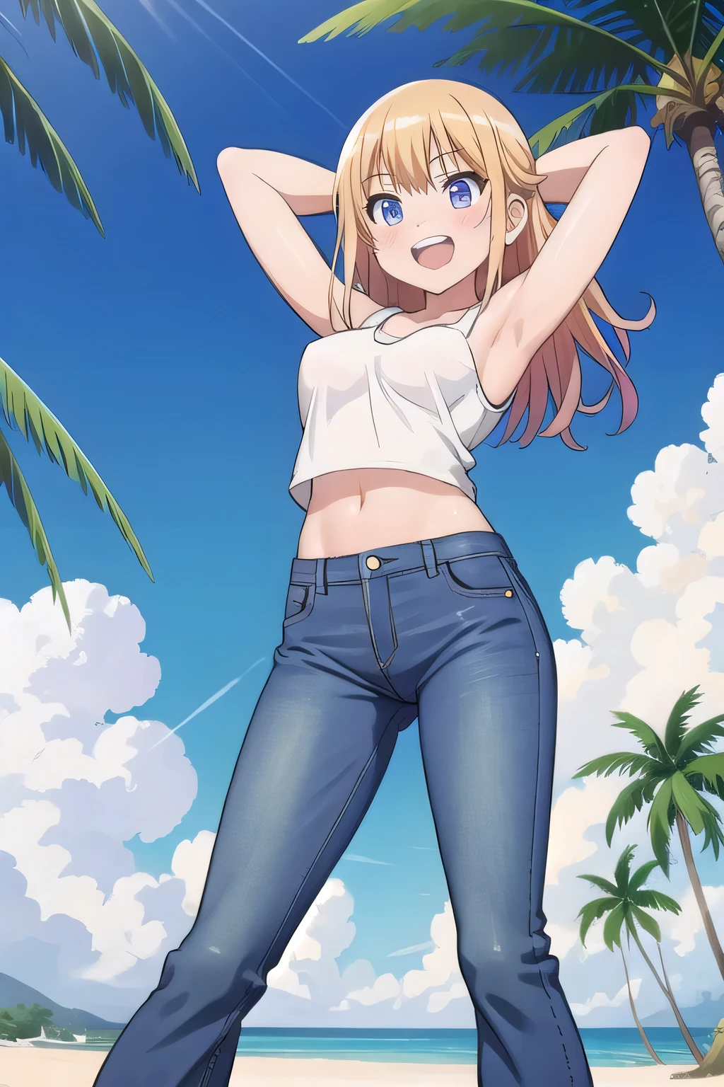 masterpiece,best quality,ultra detail, ((Perfect Face, Perfect Arms, Perfect hands, Perfect Fingers)), 1girl, , peti ((round face, ecstasy, orgasm face, drooping eyes, shame smiling, blush)), dropping eyes, sleepy, Open mouth, ((White teeth)), background((under the beach, (day:1.2), palm tree, bright sky)), eiko tsukimi, blonde hair, blue eyes, (long hair:1.4), (medium breast:1.2), ((arms behind head, hands behind head, fingers behind head)), ((contrapposto)), spread armpits, looking at viewer,, (white tank top:1.2), (white crop top:1.2), (jeans pants:1.2, flares jeans:1.2, skinny jeans:1.2, blue jeans:1.2), standing, (legs spread:1.4), sex pose, Sweaty crotch, Steam from the crotch, from below, whole body