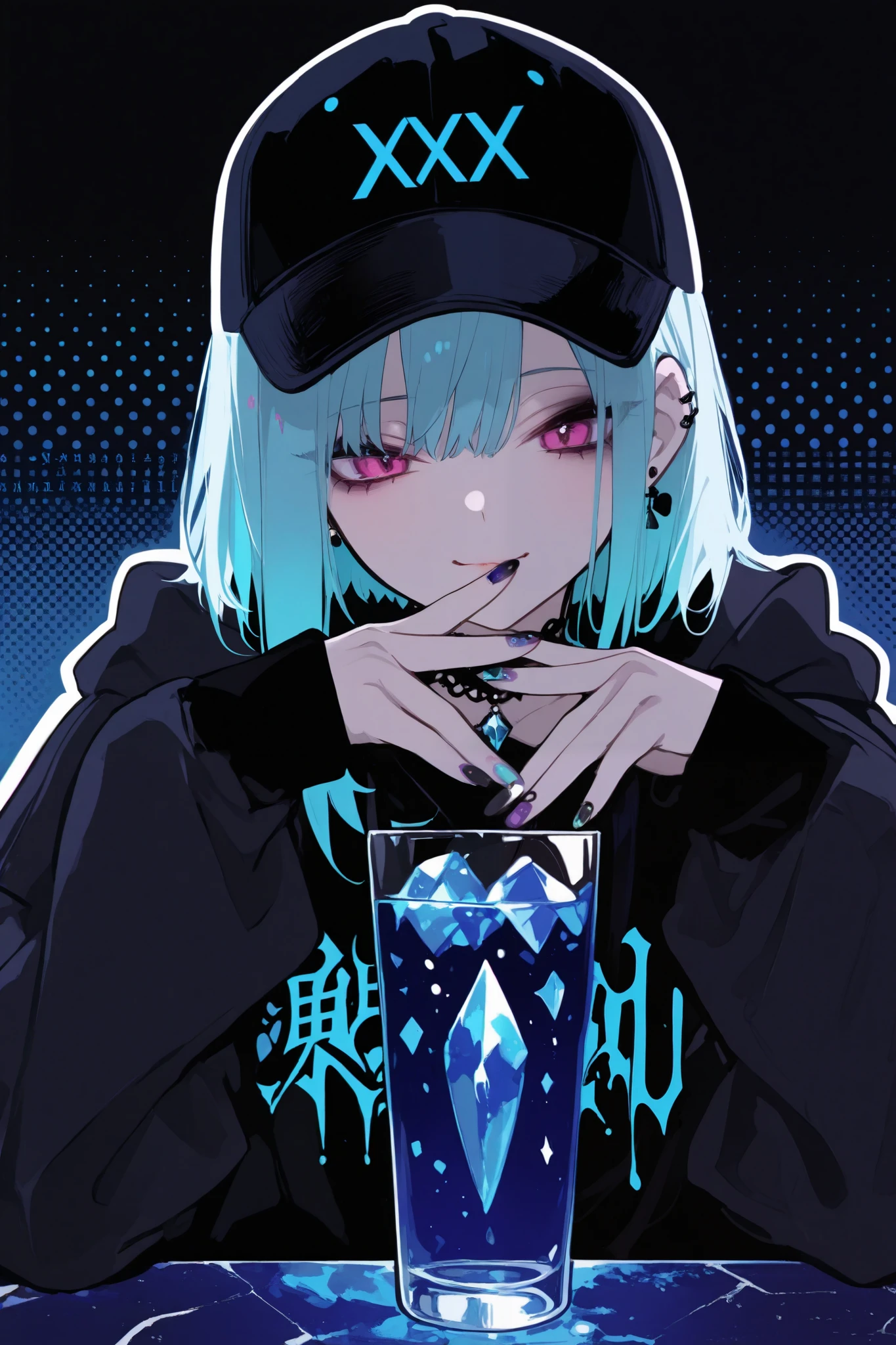 General,SakimiStyle,xxx667_illu,748cmstyle,dark gothic, anime girl, pop art,chibi, colorful polka dot background,
bold graphic text, crystal,vivid blue hair,baseball cap, casual streetwear, oversized jacket, drinking from glass, sitting pose, crystal choker,minimalistic background, gothic vibe, multiple earrings, relaxed expression, multi vivid color nails, subtle lighting, modern urban style, edgy fashion,