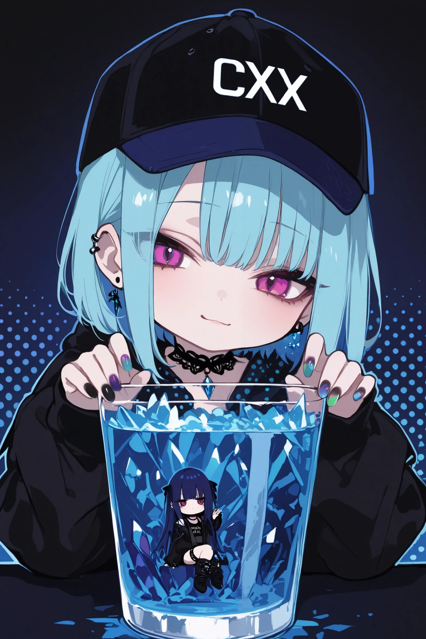 General,SakimiStyle,xxx667_illu,748cmstyle,dark gothic, anime girl, pop art,chibi, colorful polka dot background,
bold graphic text, crystal,vivid blue hair,baseball cap, casual streetwear, oversized jacket, drinking from glass, sitting pose, crystal choker,minimalistic background, gothic vibe, multiple earrings, relaxed expression, multi vivid color nails, subtle lighting, modern urban style, edgy fashion,