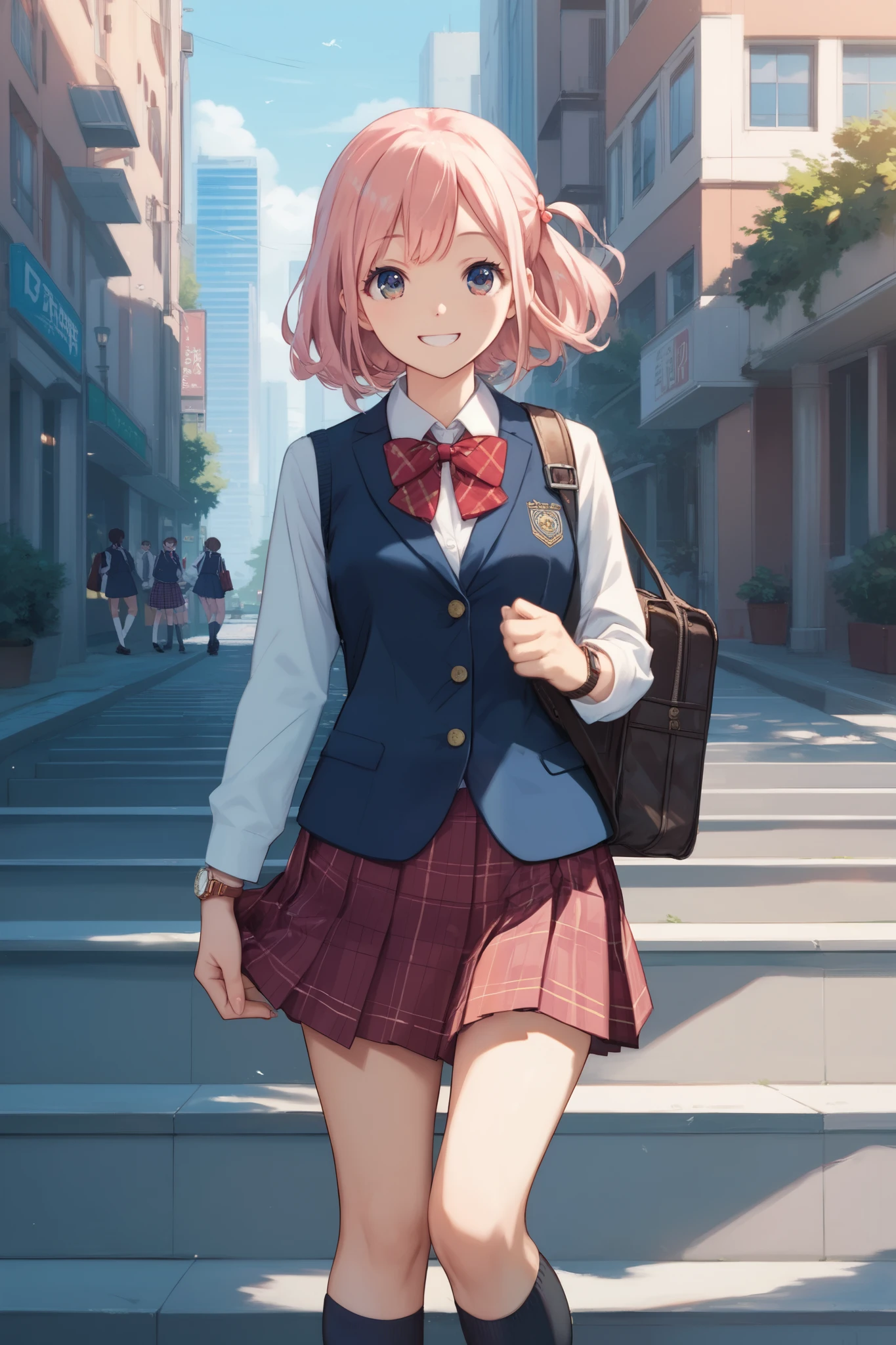 Narusawa , score_9, score_8_up, score_7_up, source_Anime, 1 girl, watch viewers, school uniform, Long Sleeve,vest,  pleated skirt ,  plaid skirt, socks, loafers,  cowboy_shot,smile,city, on ESDE_ forward ,arms_ behind_return,