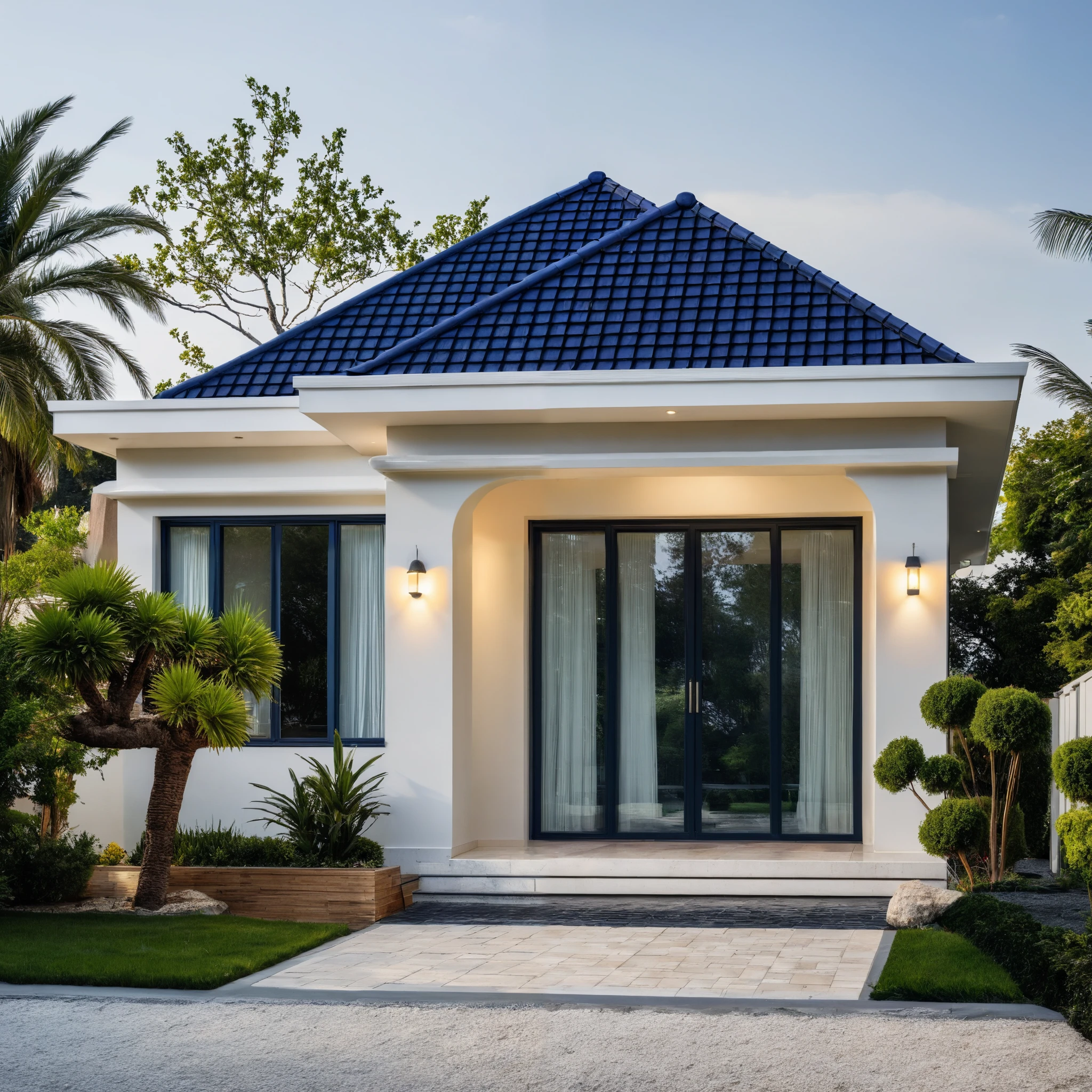 (masterpiece:1.2), best quality, photo of A two-story modern house with white walls and dark blue tiles on the roof., tree and plant, streetcapes, natural light, vivid color, The exterior of an elegant single family home features large windows, a dark gray door frame.