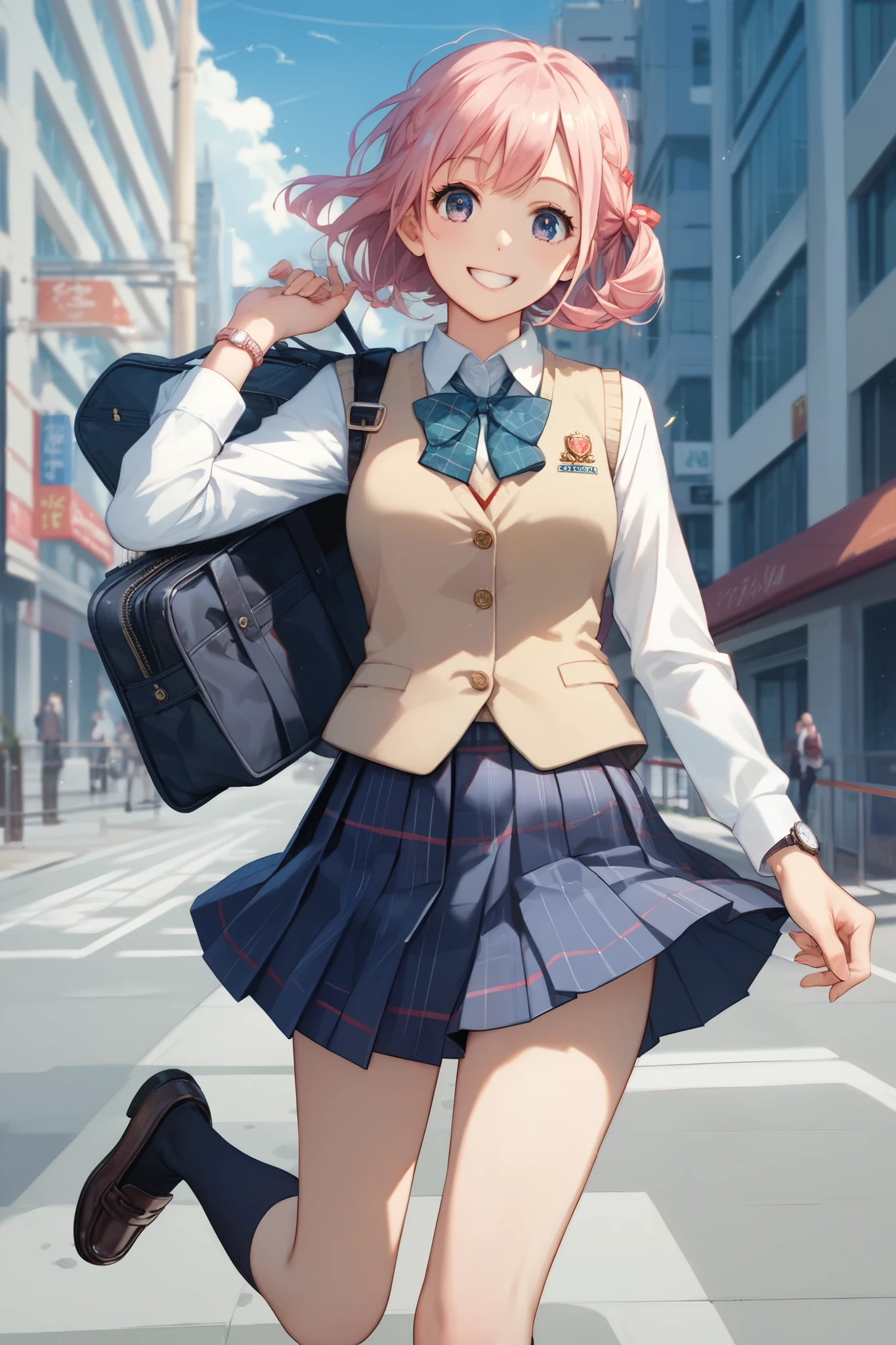 Narusawa , score_9, score_8_up, score_7_up, source_Anime, 1 girl, watch viewers, school uniform, Long Sleeve,vest, pleated skirt , plaid skirt, socks, loafers, cowboy_shot,smile,city, on ESDE_ forward ,arms_ behind_return,