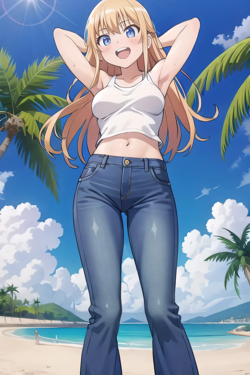 masterpiece,best quality,ultra detail, ((Perfect Face, Perfect Arms, Perfect hands, Perfect Fingers)), 1girl, , peti ((round face, ecstasy, orgasm face, drooping eyes, shame smiling, blush)), dropping eyes, sleepy, Open mouth, ((White teeth)), background((under the beach, (day:1.2), palm tree, bright sky)), eiko tsukimi, blonde hair, blue eyes, (long hair:1.4), messy hair, (medium breast:1.2), ((arms behind head, hands behind head, fingers behind head)), ((contrapposto)), spread armpits, looking at viewer,, (white tank top:1.2), (white crop top:1.2), (jeans pants:1.2, flares jeans:1.2, skinny jeans:1.2, blue jeans:1.2), standing, (legs spread:1.4), sex pose, Sweaty crotch, Steam from the crotch, from below, whole body