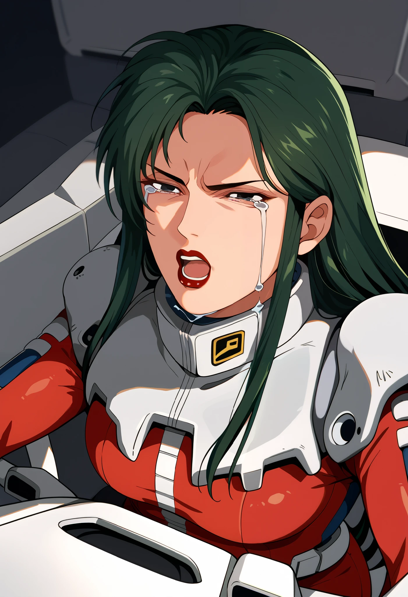 view,Cima Garau, mature female,pilotsuit, red bodysuit,black eyes, green hair, long hair, red lips、 is the cockpit in the background、 sits in the cockpit、 crying face、 is shouting with his mouth open