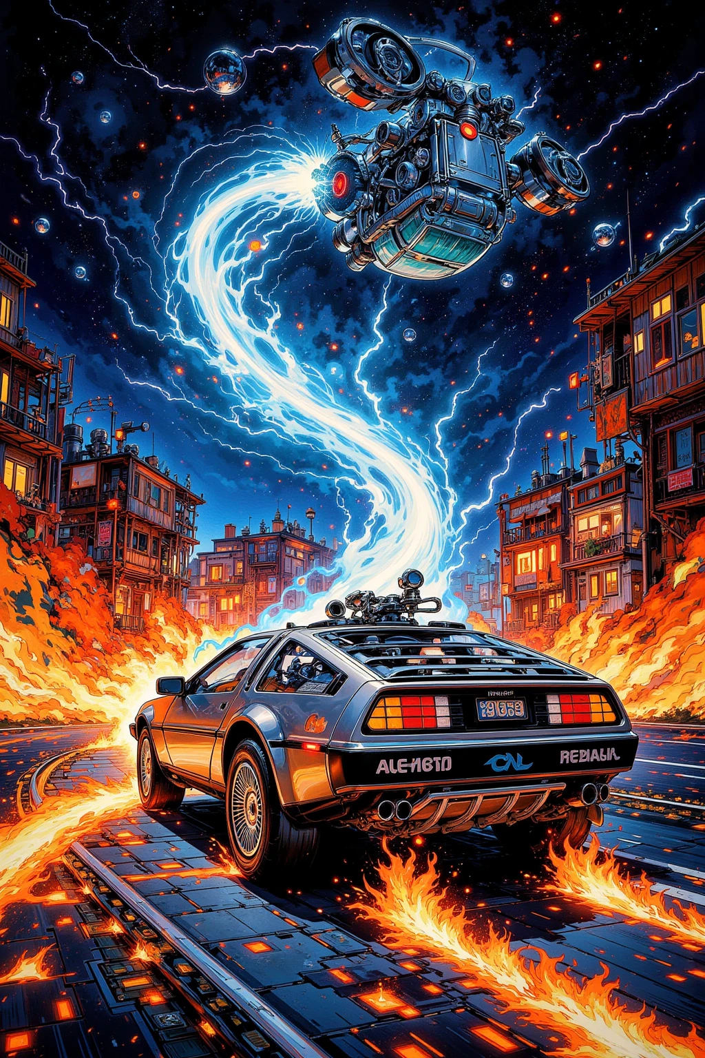 movie( Back to the Future) Deloarian illustration photo ,  Is Futuristic design with stainless steel body, linear form ,  equipped with alloy wheels of different sizes in front and back , wedge-shaped design on the car body ,  The moment DeLorean travels back in time （Fire tire marks and flashes ),Blue Lightning, DeLoarian is the main character of the painting, interesting dynamic composition , ultra-detailed realistic painting ,movieのポスター風,At the top(BACK TO THE FUTURE )Detailed string , Dynamic Typography ,1970 magazine photo   ,  1968 psychedelic ,1970年代のmovieポスター ,  1970 poster  ,1,970 collage ,movie広告,  1968 cutout collage  ,70s Photography , 詳細なポスト・アポカリプス世界のmovieポスタースタイル ,movie poster 