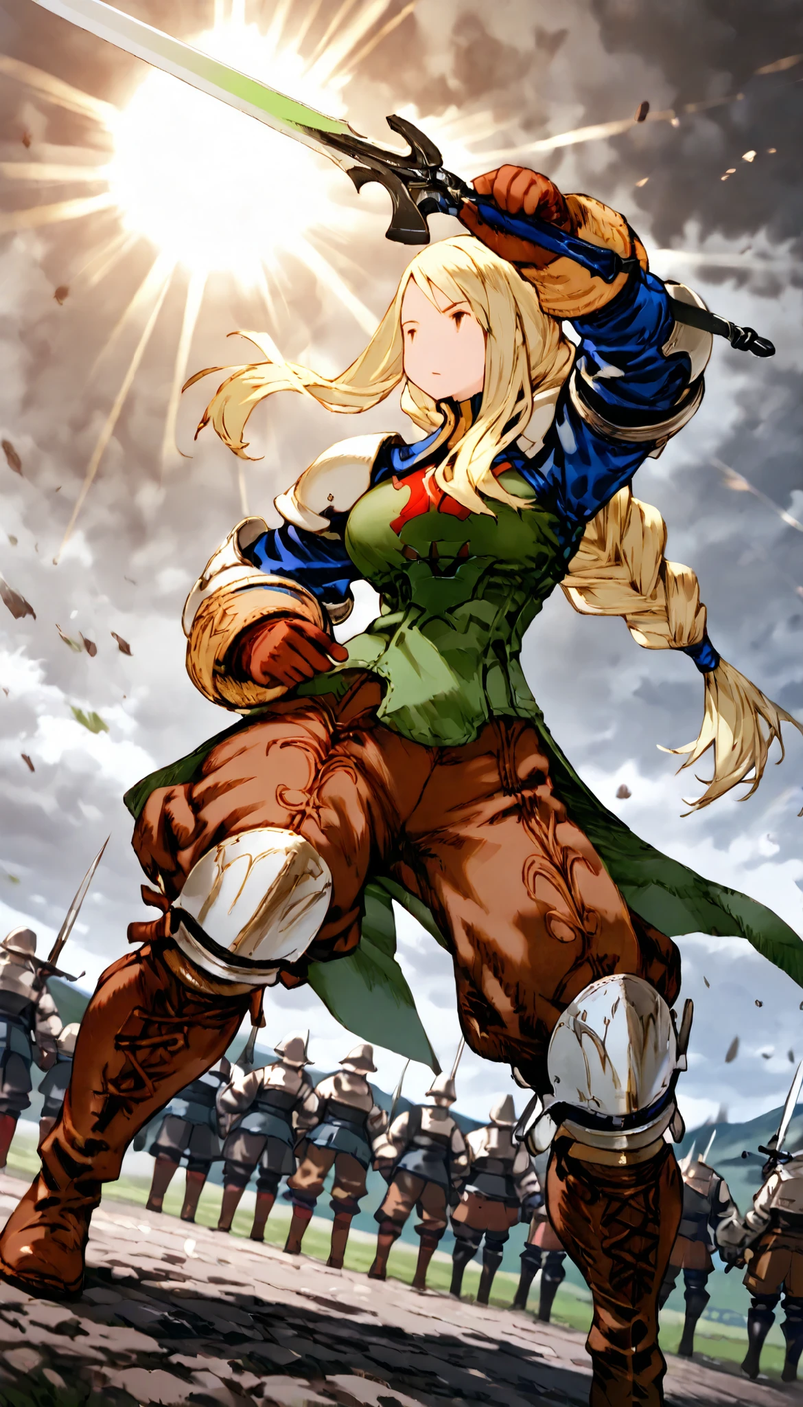 Art by Akihiko Yoshida,, break ,Alone, 1 girl\(Agrias Oaks\( Final Fantasy Tactics\), blonde hair, braided ponytail , brown eyes,shoulder armor, armor, corsets,(brown pants:1.3), Knee pads, green dress, brown gloves , pants, Cross Race Boots , Big Eye, big breasts, dynamic pose under a t-shirt,Combat Stance, dynamic angle,( with 1 One-Handed Sword \(Become, European Swords ,Shine (green)\):1.4), surrounded by enemies\(soldier,facing\)\), break ,background\(European Battlefields,soldiers in war, European Battle Cities , ( many (green colored:1.2) ( sun rays )),Long Hit, dynamic angle, very aesthetic, high definition, great quality, masterpiece, best quality, very aesthetic, high resolution, is ridiculous