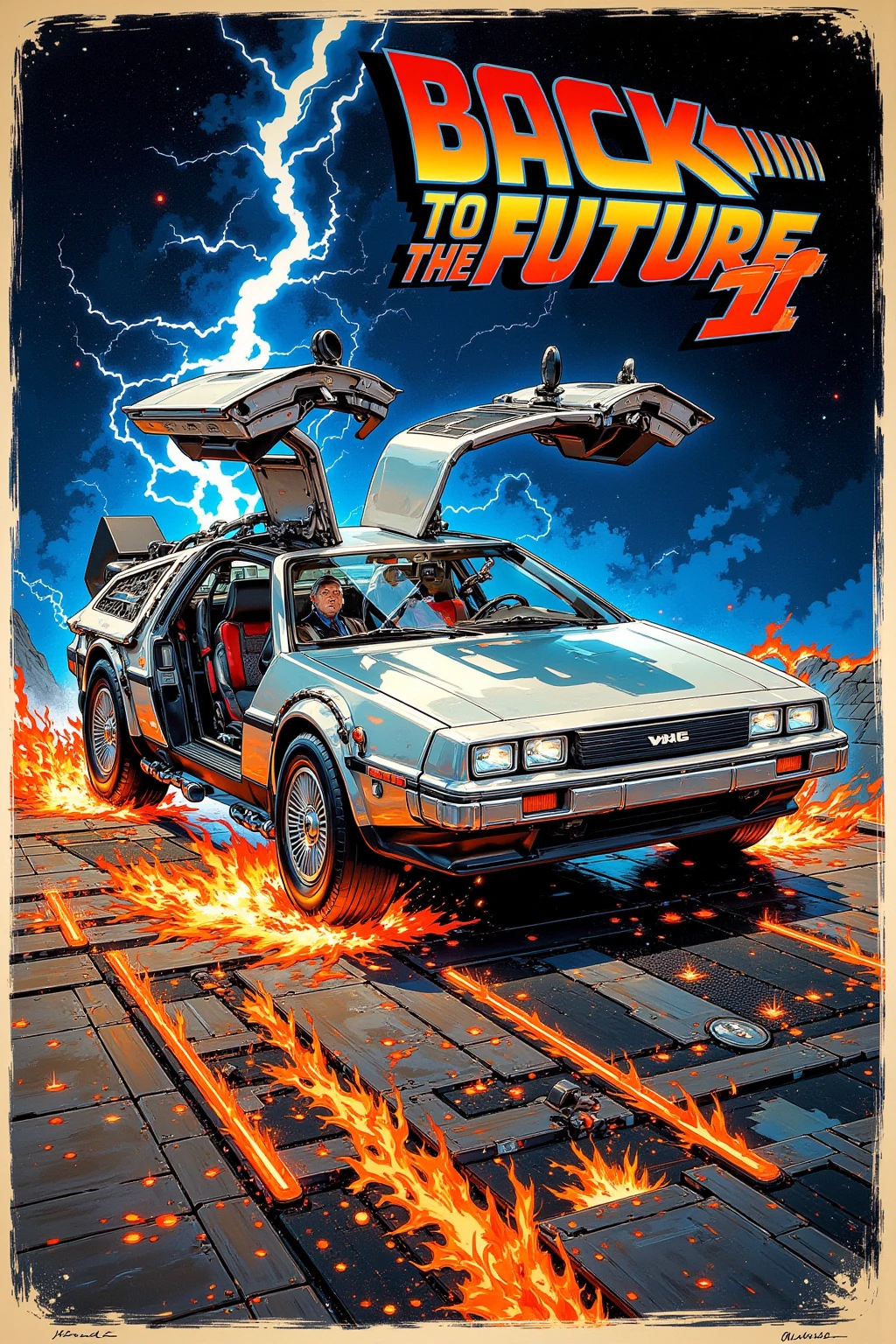 movie( Back to the Future) Deloarian illustration photo ,  Is Futuristic design with stainless steel body, linear form ,  equipped with alloy wheels of different sizes in front and back , wedge-shaped design on the car body ,  The moment DeLorean travels back in time （Fire tire marks and flashes ),Blue Lightning, DeLoarian is the main character of the painting, interesting dynamic composition , ultra-detailed realistic painting ,movieのポスター風,At the top(BACK TO THE FUTURE )Detailed string , Dynamic Typography ,1970 magazine photo   ,  1968 psychedelic ,1970年代のmovieポスター ,  1970 poster  ,1,970 collage ,movie広告,  1968 cutout collage  ,70s Photography , 詳細なポスト・アポカリプス世界のmovieポスタースタイル ,movie poster 