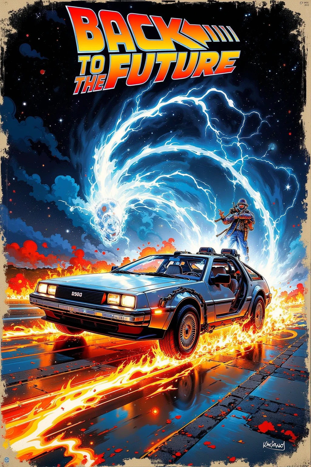 movie( Back to the Future) Deloarian illustration photo ,  Is Futuristic design with stainless steel body, linear form ,  equipped with alloy wheels of different sizes in front and back , wedge-shaped design on the car body ,  The moment DeLorean travels back in time （Fire tire marks and flashes ),Blue Lightning, DeLoarian is the main character of the painting, interesting dynamic composition , ultra-detailed realistic painting ,movieのポスター風,At the top(BACK TO THE FUTURE )Detailed string , Dynamic Typography ,1970 magazine photo   ,  1968 psychedelic ,1970年代のmovieポスター ,  1970 poster  ,1,970 collage ,movie広告,  1968 cutout collage  ,70s Photography , 詳細なポスト・アポカリプス世界のmovieポスタースタイル ,movie poster 
