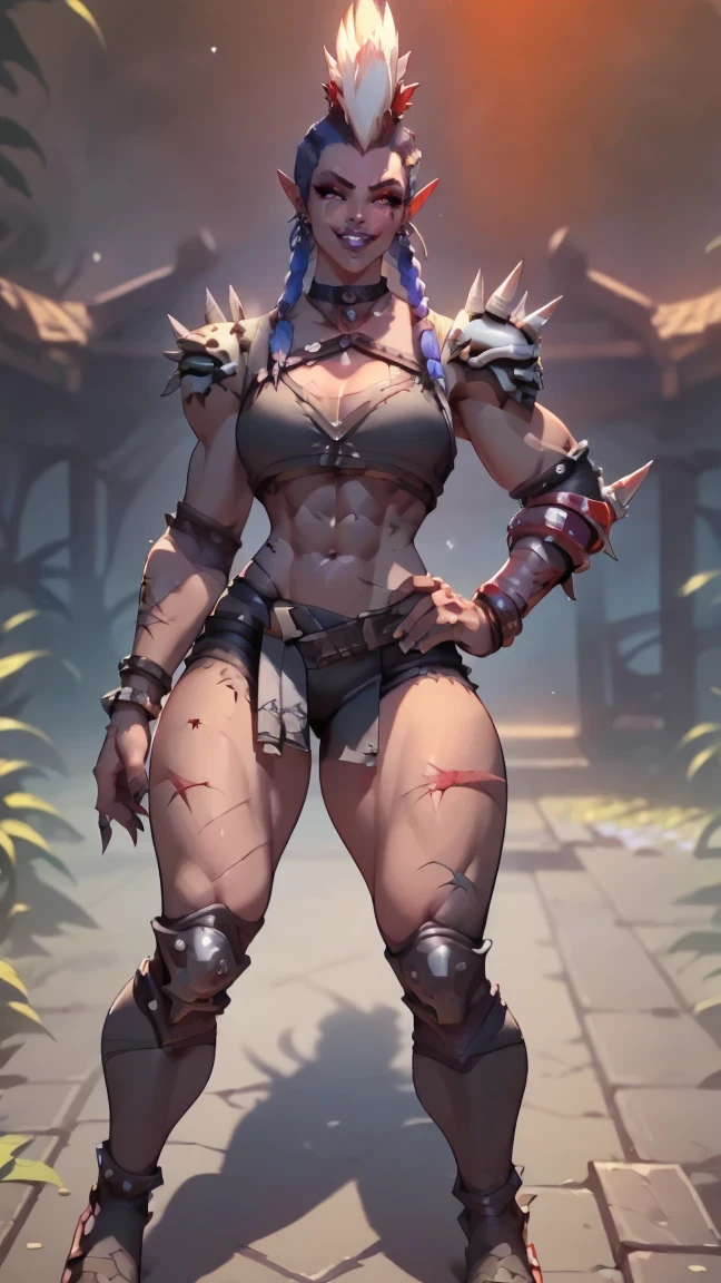 beautiful female troll_\(world_of_warcraft\)
fierce, powerful, menancing, dark, evil, macabre, voodoo_shaman_female_troll_\(warcraft\), whitch_doctor_female_troll_\(warcraft\), female_troll_\(warcraft\)_shadow_hunter. 
JunkerQOver, owjq, muscular women,

FACE:
thick eyebrow, eyelashes, eyeliner, red_eyeshadows, raised eyebrow,  yellow glowing eyes, half-closed eyes, sexy gaze, looking at viewer, side glance, smirk, thick lips, parted lips, purple lips, evil grim, slightly blushing


BODY:
toned body, atheltic body, thick fit, slim, curvy, thick thighs, thigh gap, narrow waist, wide hips, hip bones, collarbones, dark purple skin, white hair, long high mohawk with twinbraids hairstyle, tribal tattoos, sexy, shredded abs, medium breasts, perky breasts

CLOTHES:
horde_\(world_of_warcraft)\, topless, loin cloth pelvic curtain

DETAILS:
covered in blood, full of scars, scars over eye, red_tribal tattoos, , revealing armor, earing made of bones, collar made of fangs, bracelets, chocker

LOCATION:
in a dark swamp

POSE: 
one hand on hip and other hand behind head, legs apart, knees apart

CAMERA:
front view, full body view

QUALITY:
soft light, hard highlight, backlight, highly detailed face, dynamic posing, battle ready, masterpiece, 8k,1girl, solo, solo focus, beautiful woman, realism

highlight:
(huge lower fangs coming out of the mouth:1.2), (long white mohawk hairstyle with twin braids over shoulder:1.2) (tribal style:1.0) (dark purple skin:1.0)

