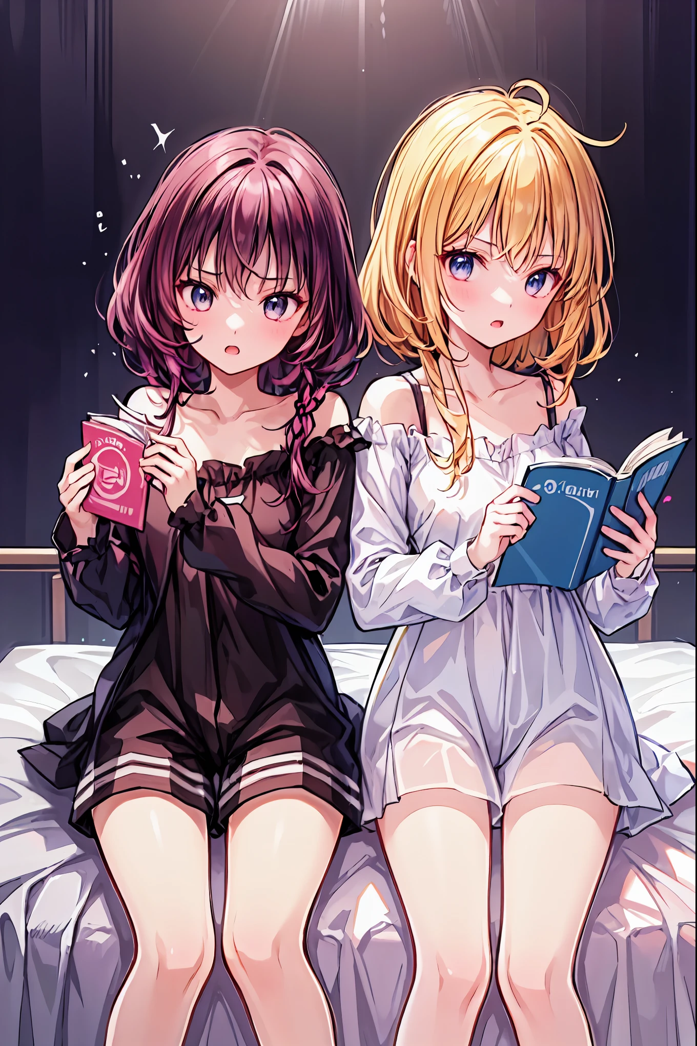 material、 thick paint 、 Girls Sleeping With A Hangover、Pale face、Pain々Funny face、A tired face, 手は2Books、The legs2Books、Fingers5Books,Black T-shirt、 shorts、1people々 girl、 on the bed, Hair, shortcuts, unkempt hair with an opening,Short braided hair,Neat,スレンダー美people, correct posture,Small chest, beautiful legs, enchanting gray-blue eyes shine like stars, droopy eyes , bright colors, beautiful eyes,A delicate smile,Textured Skin, Best Quality at its Best , gentle and beautiful woman , anime style、