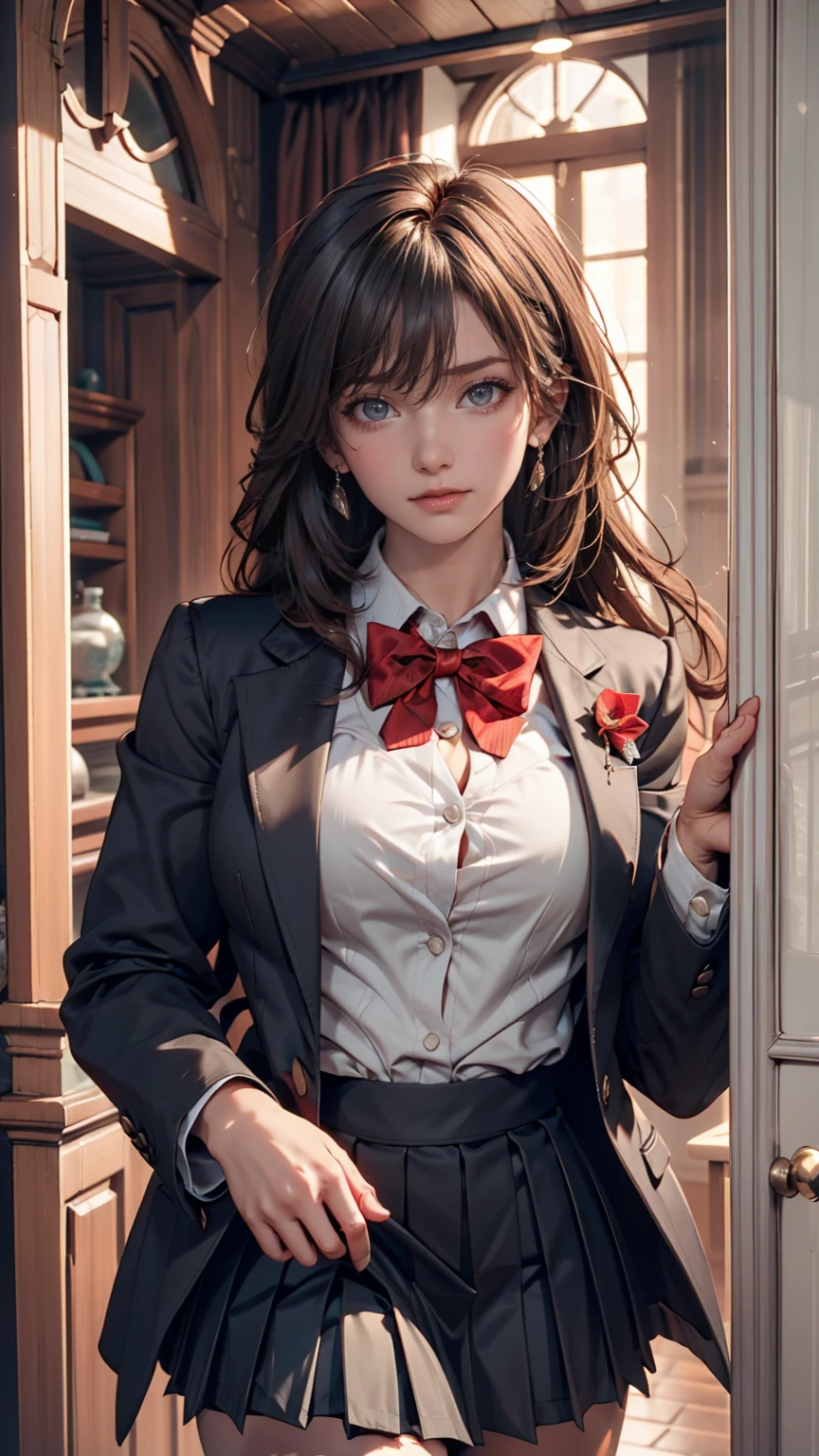 8k, highest quality, The real picture, Intricate details, Very detailed, Ultra-high resolution, Depth Field,(Realistic,Realistic:1.2),Tabletop , Front shot , From the center , 1 girl, eye_Chan, Very beautiful 17 year old girl, 無邪気な大きなeye,、Beautiful breasts:1.5、Very detailedなeye:1.2)、(Beautiful breasts:1.1)、Wavy Hair、Curly Hair、bangs、, Perfect Skin, Fair skin, Cleavage, Tight waist, Lightly reddish, alone、 (Looking at the audience)、A light smile、((School_uniform),(Dark Blue Blazer), (White shirt、Wear a tie), (Grey pleated skirt), (Sculptural installation :1.1))、Very detailedな女性の写真, Lola Elizabeth, Scarlet Witch, the avengers, wearing a black lace dress, Open red leather jacket, 8K Ultra HD, Raw photo, Model photoshoot

