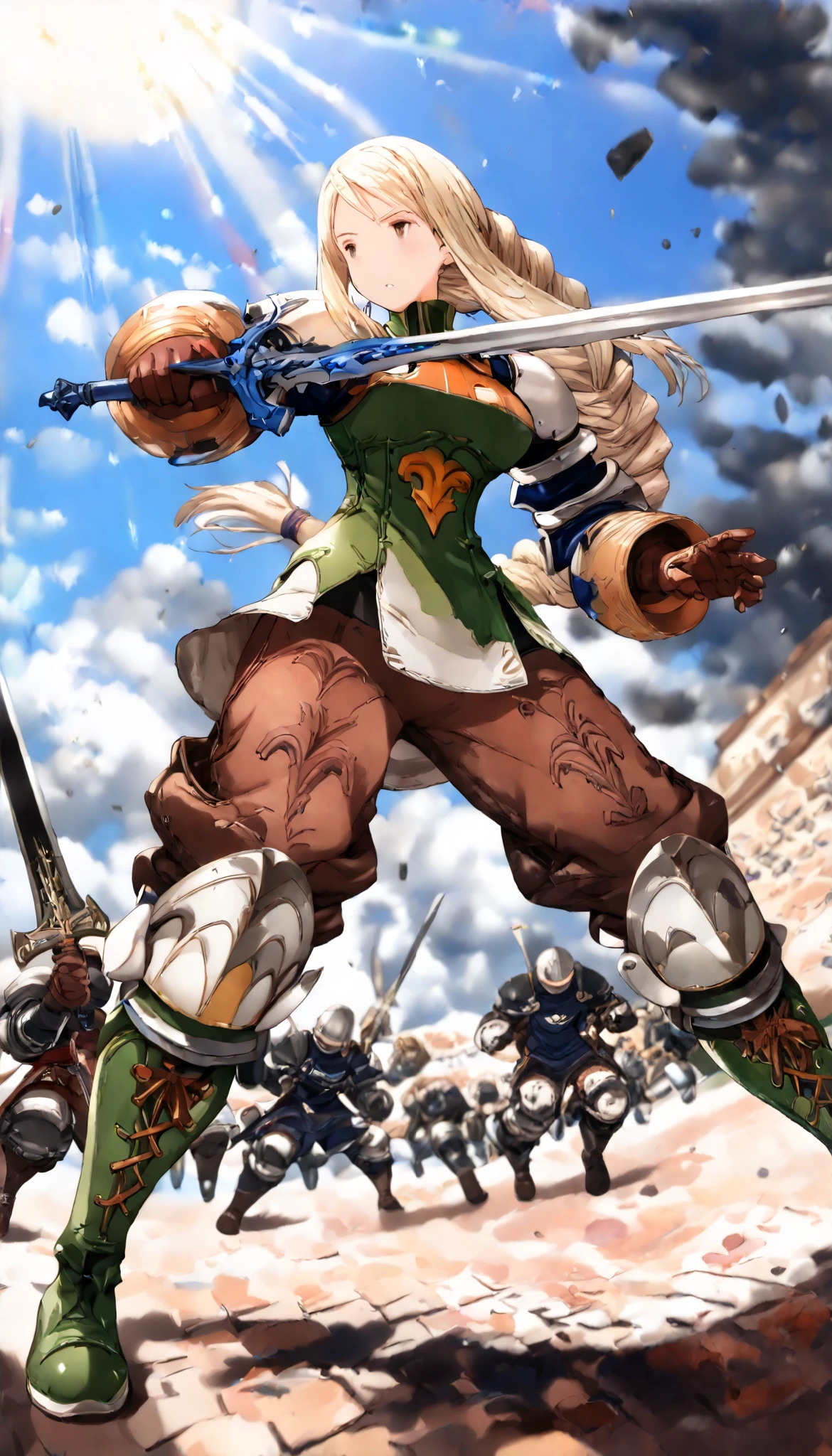 Art by Akihiko Yoshida,, break ,Alone, 1 girl\(Agrias Oaks\( Final Fantasy Tactics\), blonde hair, braided ponytail , brown eyes,shoulder armor, armor, corsets,(brown pants:1.3), Knee pads, green dress, brown gloves , pants, Cross Race Boots , Big Eye, big breasts, dynamic pose,Combat Stance, dynamic angle,( with 1 One-Handed Sword \(Become, European Swords ,Shine (green)\):1.4), surrounded by enemies\(soldier,facing\)\), break ,background\(European Battlefields,soldiers in war, European Battle Cities , ( many (green colored:1.2) ( sun rays )),Long Hit, dynamic angle, very aesthetic, high definition, great quality, masterpiece, best quality, very aesthetic, high resolution, is ridiculous