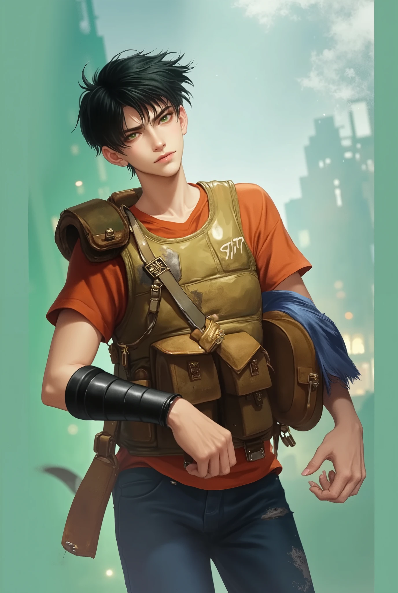 boy, black hair, green eyes, orange shirt with a protective vest on top