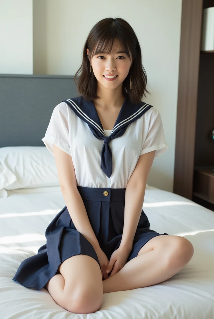 1girl, sit on a chair, full body, Japanese, (), middle School girls, simple white shirt, short sleeve, open clothes, (off shoulder), middle breast, (cleavage), navy blue skirt, thighs, (12 years oldk hair bob cut, smile ,classroom