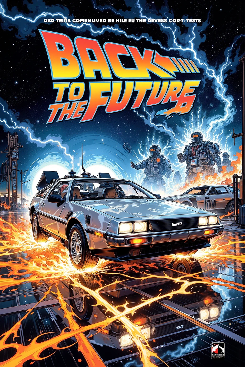 movie( Back to the Future) Deloarian illustration photo ,  Is Futuristic design with stainless steel body, linear form ,  equipped with alloy wheels of different sizes in front and back , wedge-shaped design on the car body ,  The moment DeLorean travels back in time （Fire tire marks and flashes ),Blue Lightning, DeLoarian is the main character of the painting, interesting dynamic composition , ultra-detailed realistic painting ,movieのポスター風,At the top(BACK TO THE FUTURE )Detailed string , Dynamic Typography ,1970 magazine photo   ,  1968 psychedelic ,1970年代のmovieポスター ,  1970 poster  ,1,970 collage ,movie広告,  1968 cutout collage  ,70s Photography , 詳細なポスト・アポカリプス世界のmovieポスタースタイル ,movie poster 