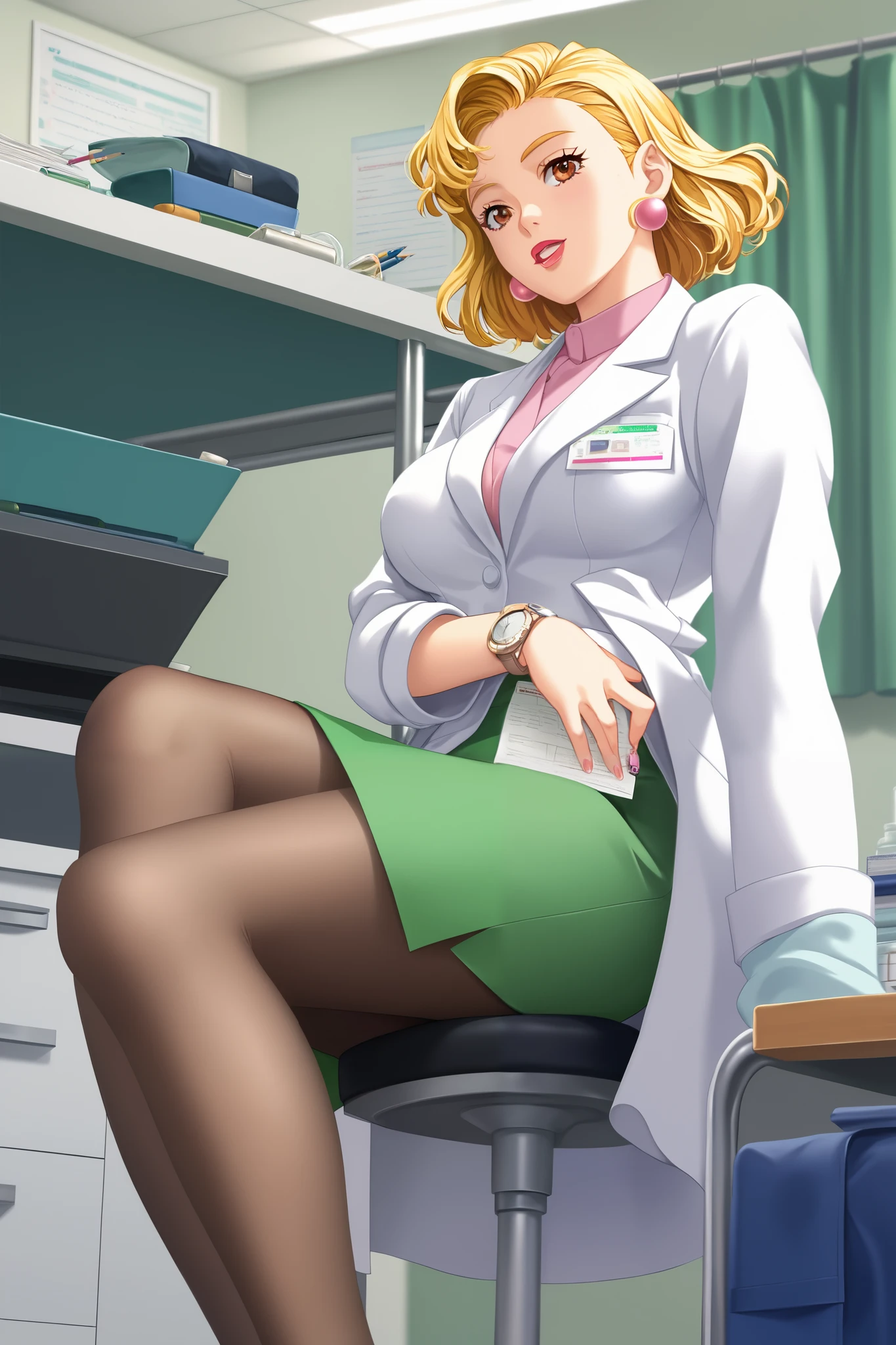  score_9,  score_8_up,  score_7_up,  source_Anime, rating_ explicit, Break ã Saito Mako,  blonde hair,  jewelry,  earrings,  brown eyes,  big breasts,  lower body,  watch viewers,  1 girl,  lab coat ,  skirt,  pantyhose, green  skirt,  sitting, pencil  skirt Health room,