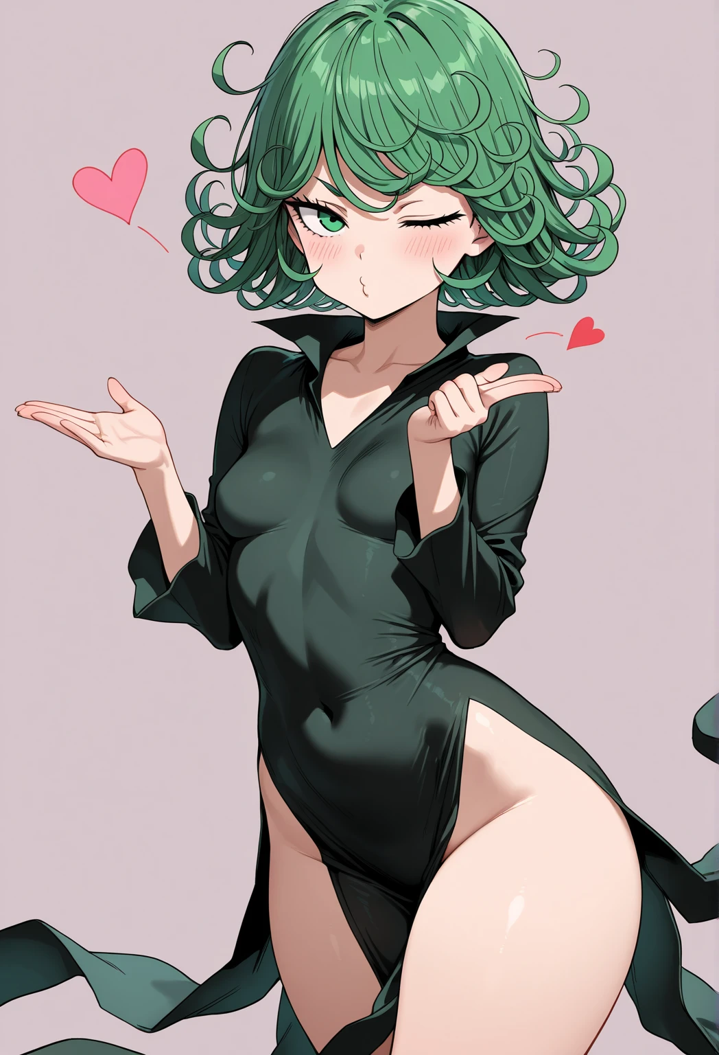 absurdres, highres, ultra detailed,(middle finger, fuck you:1.1), <lora:SingleMiddle:0.9>, <lora:TatsumLora_3-000017:0.9>, tatsumakitornado, solo, short green hair, curly hair, black dress, long sleeves, looking at viewer, standing, legs apart, leaning forward, clenched teeth, hands up, simple background