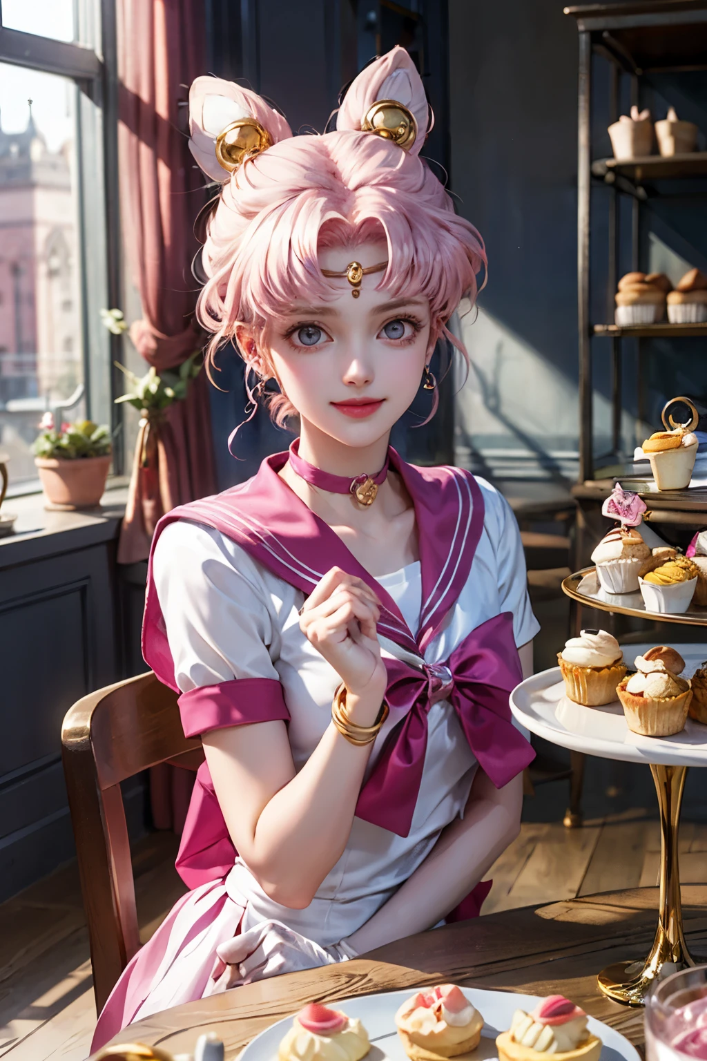 Sailor__moon, Pink Hair, Pink Eyes, jewelry, choker, Gold Ring, View your viewers, Happy, Excited, smile,
Sitting, Inside the bakery, A table full of pastries, Cakes and muffins, A playful atmosphere,
Extremely detailed, masterpiece, Beautiful quality,
