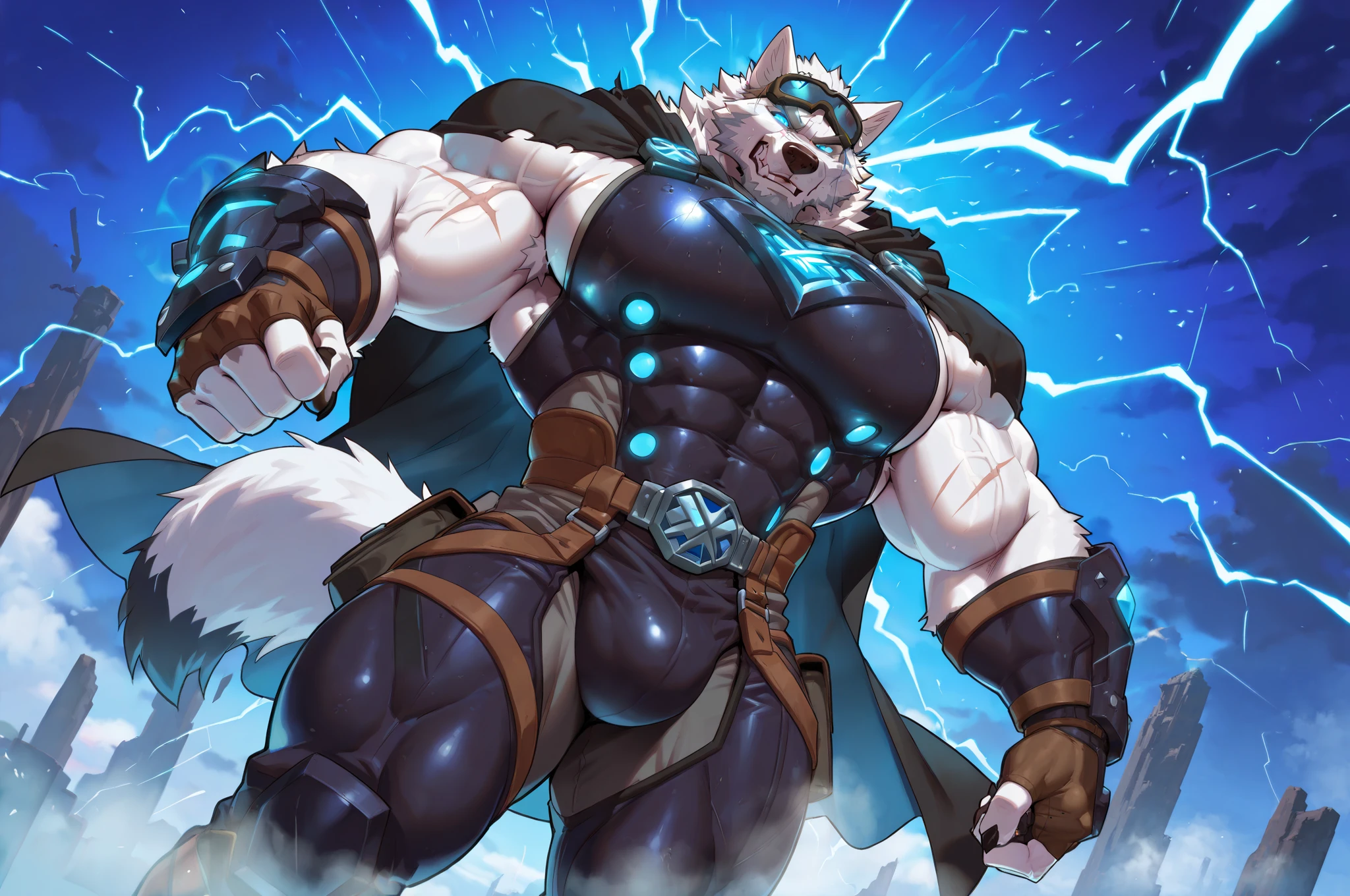 (Volibear/(League of Legends)), ((blue eyes, black sclera,glowing eyes,eye tattoo,arm tattoo,muscular, muscular male,abs, braided hair,hair accesory, glowing runes,ice spikes,ear ring, earrings)), (pose:1.3), (posing:1.3), (soft shading), 4k, hi res, five fingers, detailed hands, ((detailed face, (detailed eyes:1.3), detailed)), ((focus on full body)),show legs,show feet,(by takahirosi:1.5), solo, looking at viewer, 1boy, snow background with ice, navel,((laying_down)), full body, male focus,((topless,bottomless)), abs, biceps, flexing, smile,furry