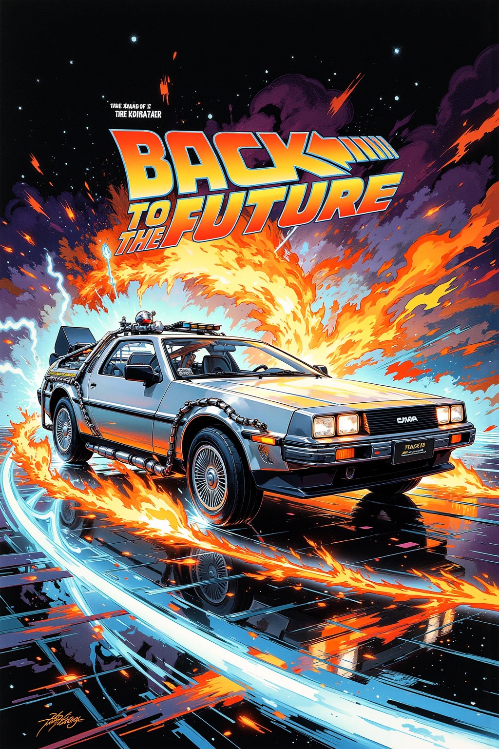 movie( Back to the Future) Deloarian illustration photo ,  Is Futuristic design with stainless steel body, linear form ,  equipped with alloy wheels of different sizes in front and back , wedge-shaped design on the car body ,  The moment DeLorean travels back in time （Fire tire marks and flashes ),Blue Lightning, DeLoarian is the main character of the painting, interesting dynamic composition , ultra-detailed realistic painting ,movieのポスター風,At the top(BACK TO THE FUTURE )Detailed string , Dynamic Typography ,1970 magazine photo   ,  1968 psychedelic ,1970年代のmovieポスター ,  1970 poster  ,1,970 collage ,movie広告,  1968 cutout collage  ,70s Photography , 詳細なポスト・アポカリプス世界のmovieポスタースタイル ,movie poster 