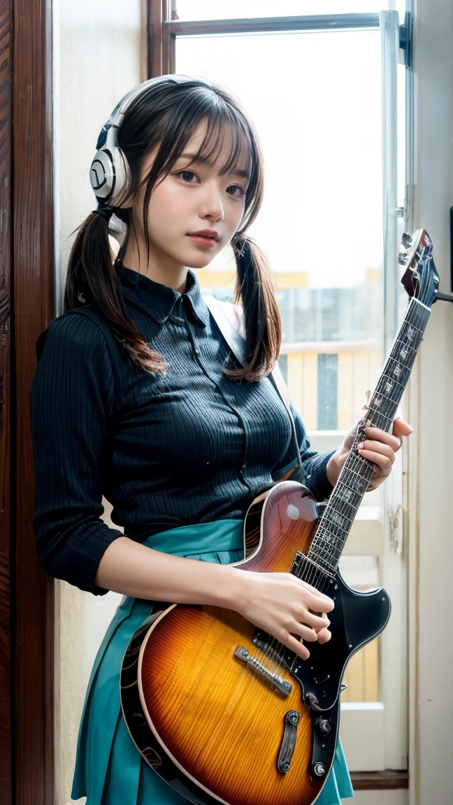 An 18-year-old woman,dyed blonde hair, Hair Up Do、(Play the electric bass, 4 strings), Dark theme, Muted colors, High contrast, (Detailed skin texture, Hyper-Realism, Soft light, sharp), naked overall,